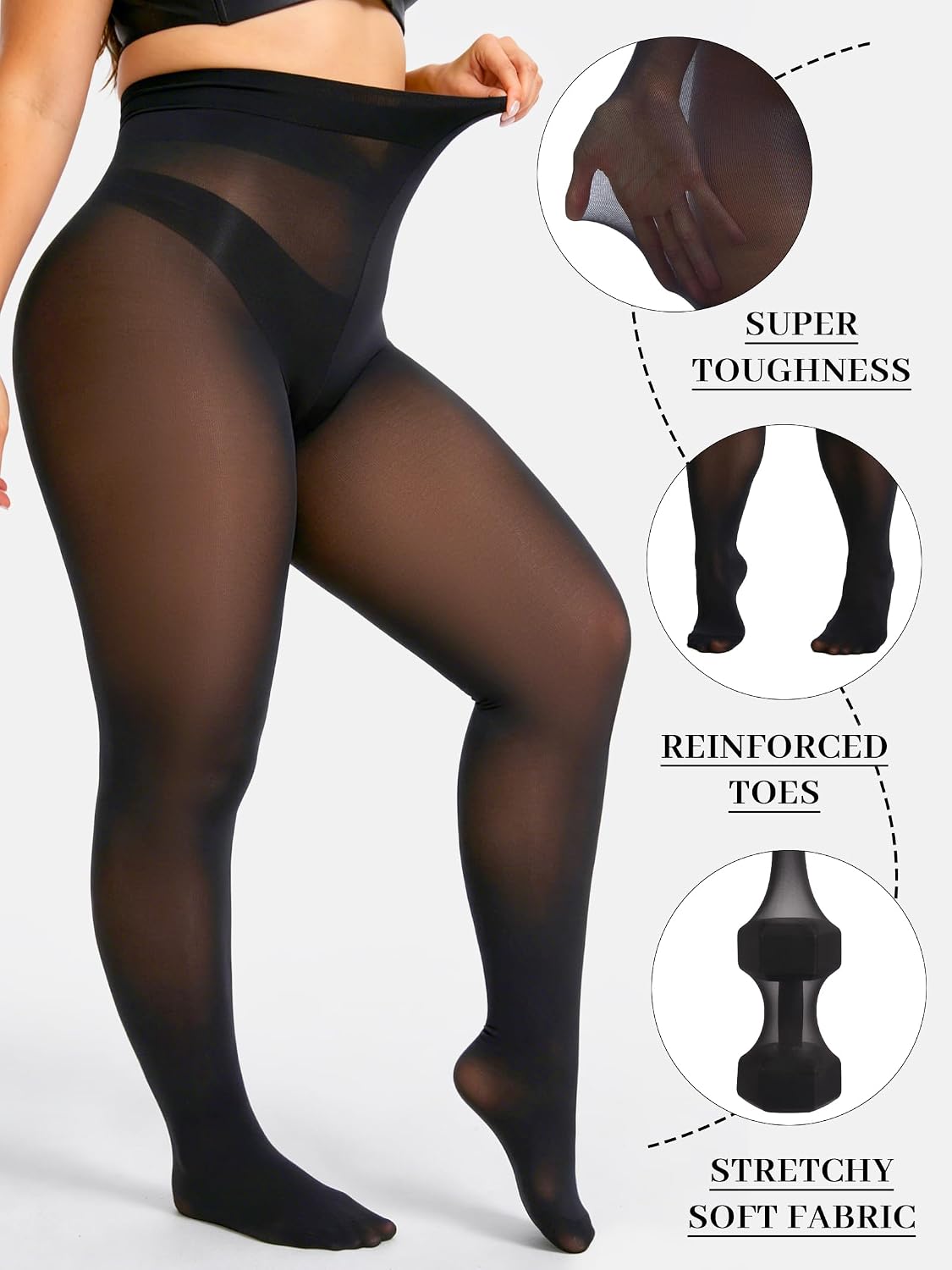 Plus Size Indestructible Tights for Women Black 60D Pantyhose Rip Resistant Control Top Stockings Reinforced Toes