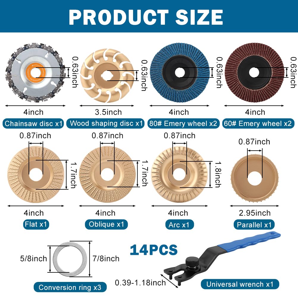 11PCS Wood Carving Disc Set for 4" or 4 1/2" Angle Grinder, Stump Tool Grinding Wheel Disc with 5/8" Adapter Ring, Woodworking Grinder Attachment(Size:11pcs)