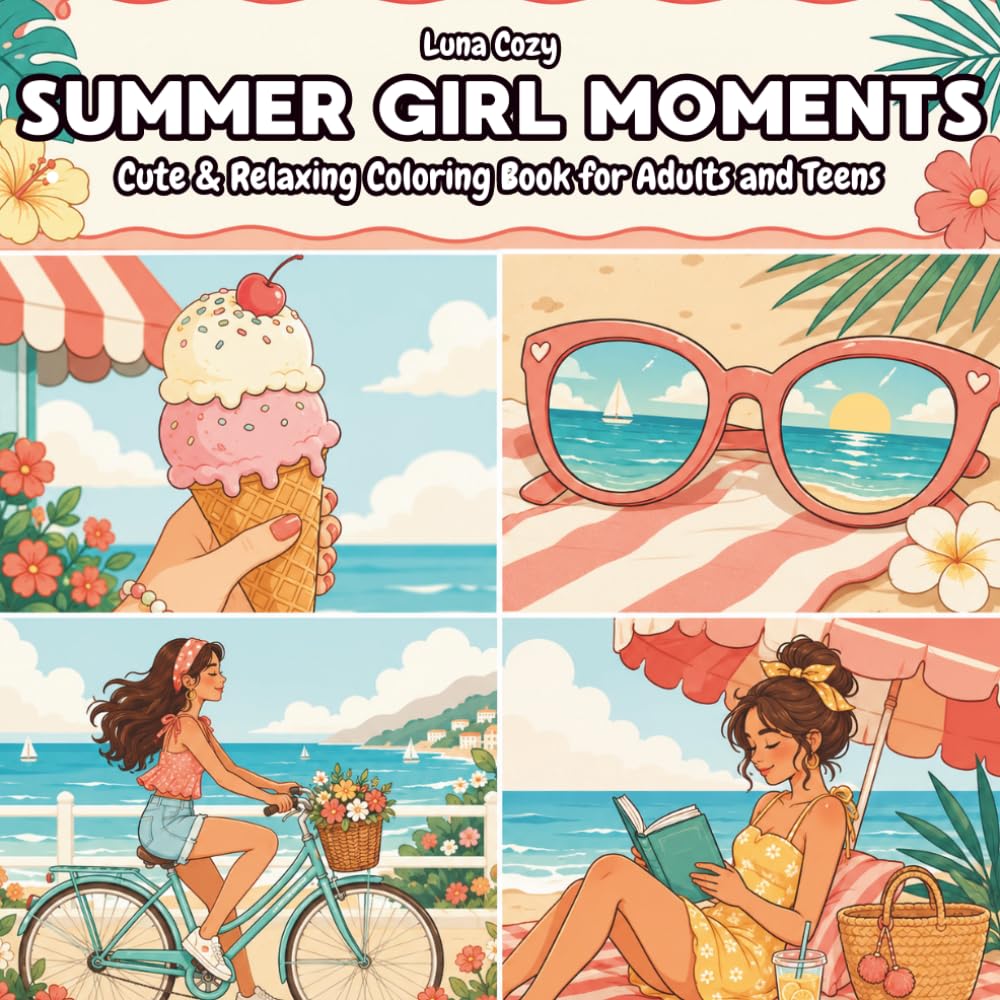 Summer Girl Moments Coloring Book: Cozy Beach Days, Sunset Vibes & Relaxing Aesthetic Scenes for Teens and Adults | 50 Bold & Easy Designs