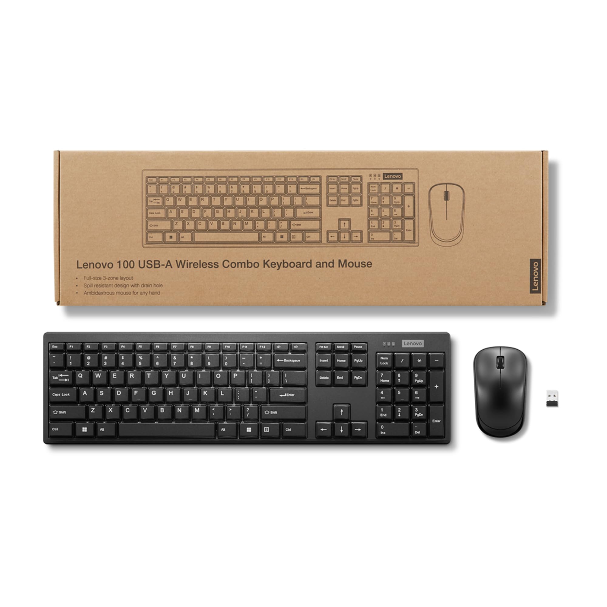 Lenovo 100 Combo Teclado y Ratón Inalámbricos 2.4G (Ratón Sensor Óptico, 1600 dpi, Receptor USB Nano, Compatible con Windows) QWERTY Español - Negro