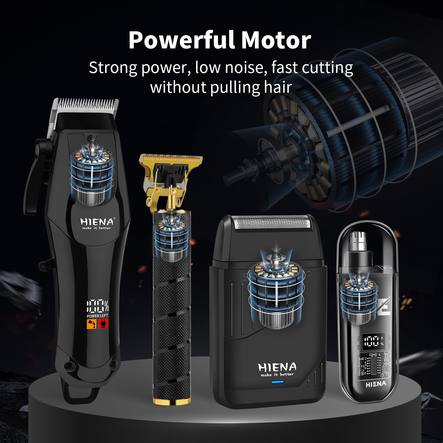 HIENA PRO Professionelles Haarschneidemaschine Set für Männer, schnurloser Friseurschneider und elektrischer Folienrasierer, Nasenhaartrimmer, Haarschneide-Set, R-Type verstellbare Klinge, LED-Anzeige