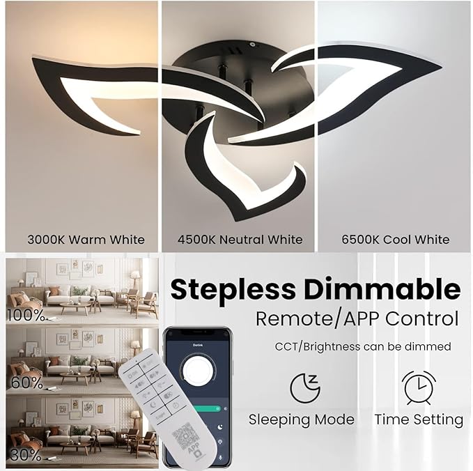 Dorlink LED-Plafondlamp Dimbaar met Afstandsbediening/APP, Woonkamer Plafondlamp Bloem 35W 3150LM, Slaapkamer Zwart Plafondlamp, 3 Lichten LED Lampen 3000-6500K, Plafondarmatuur voor Keuken photo 2