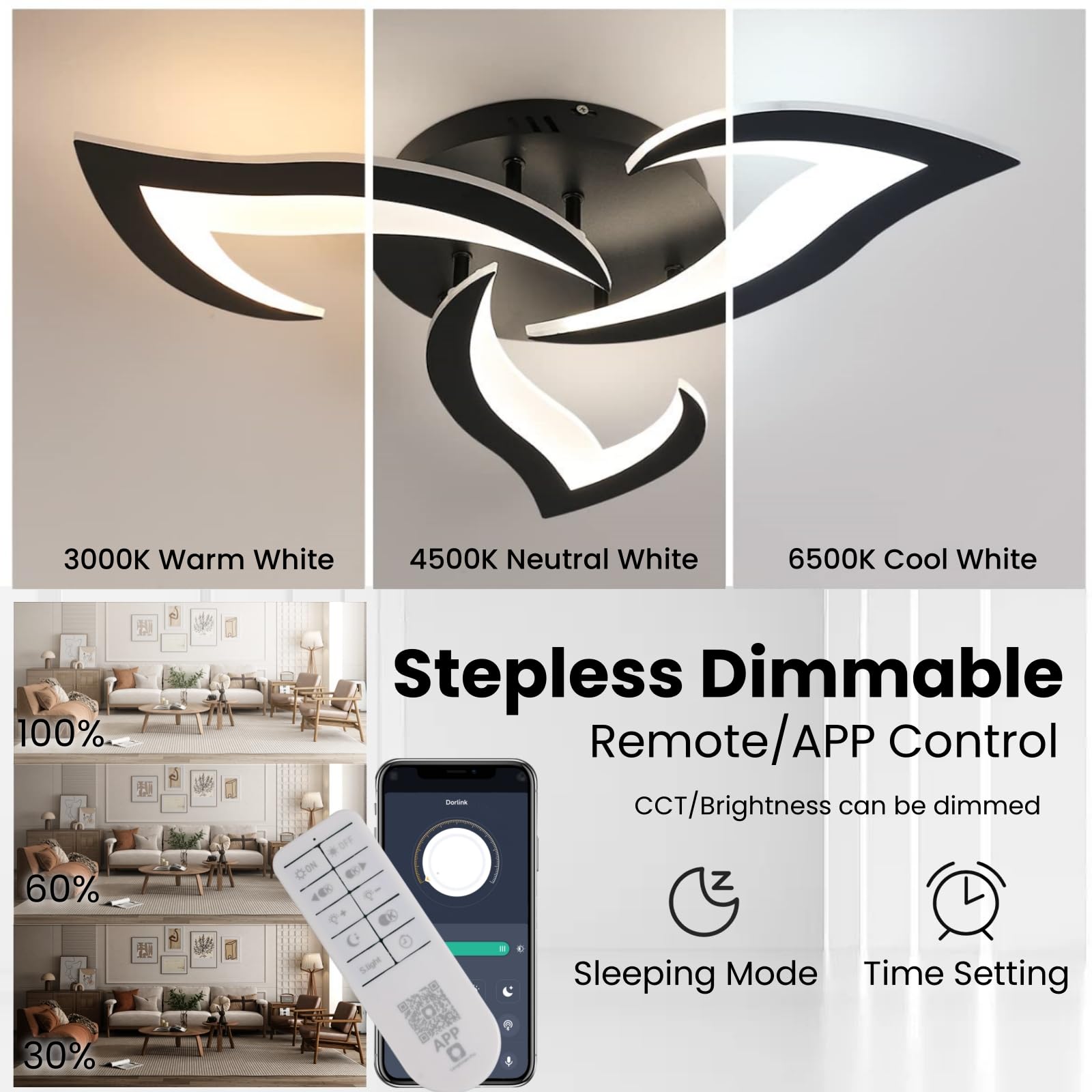 Dorlink Plafoniera LED Dimmerabile, 35W 3150LM Plafoniera LED Soffitto con Telecomando/APP, Lampadario LED Fiore Nero, 3000K-6500K Lampadario Soggiorno, Plafoniera per Cameretta, Cucina, Ø58CM