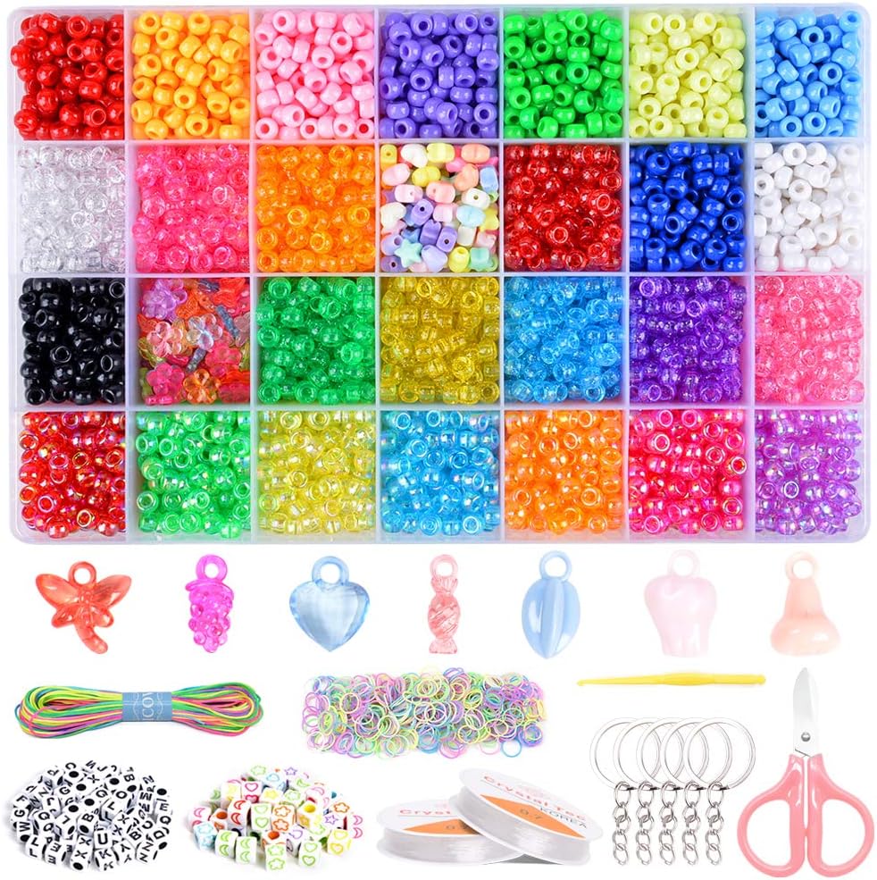 VICOVI 5700+pcs Pony Beads Rainbow Kit for DIY Jewelry Making, Include 26 Colors Kandi Beads(9mm) Letter & Color Beads Star & Heart Beads Mix-Color Rubber Bands Elastic String and Satin Silk Cord