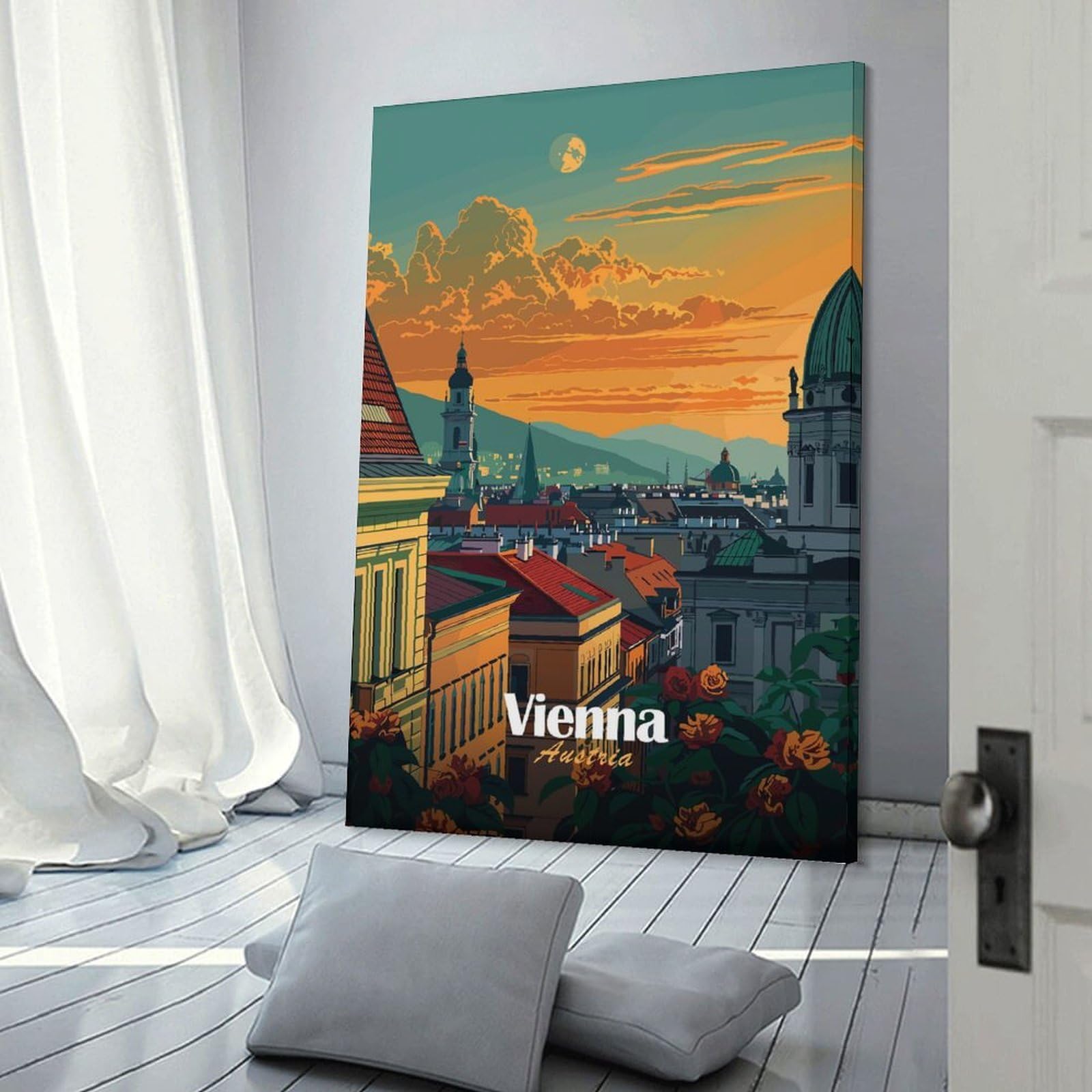 Junmoney Decorative Wall Artwork Vienna Cityscape Sunset, 16x24inch(40x60cm), for Calm Bedrooms, Home Corners Or Flats, An Easy Wall Refresh for Bedrooms