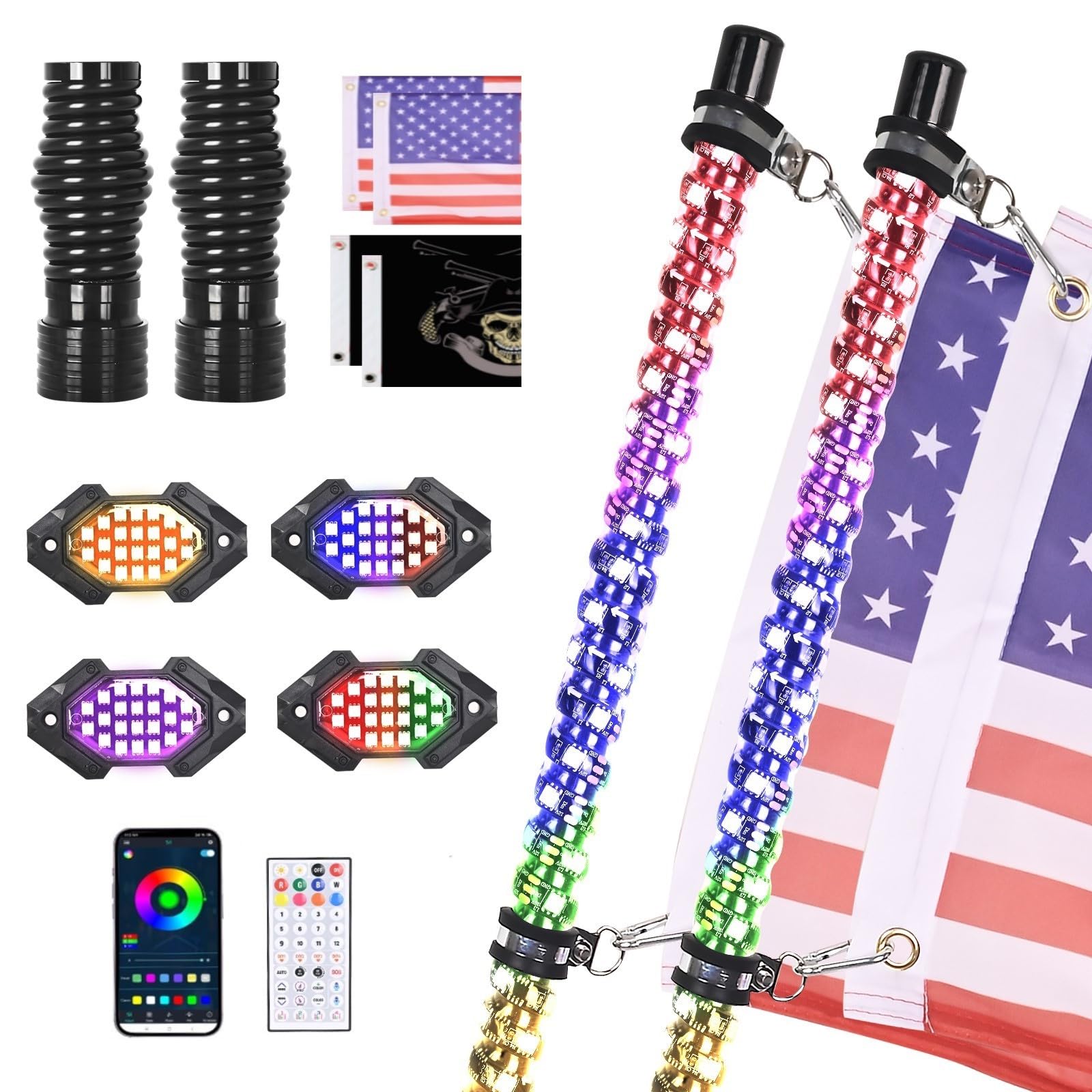 2PCS 3FT LED Whip Light and 4 Pods Rock Light Combo Kit with Spring Base, Remote and App Control,Universal for UTV ATV RZR Polaris SXS Can-Am,Waterproof