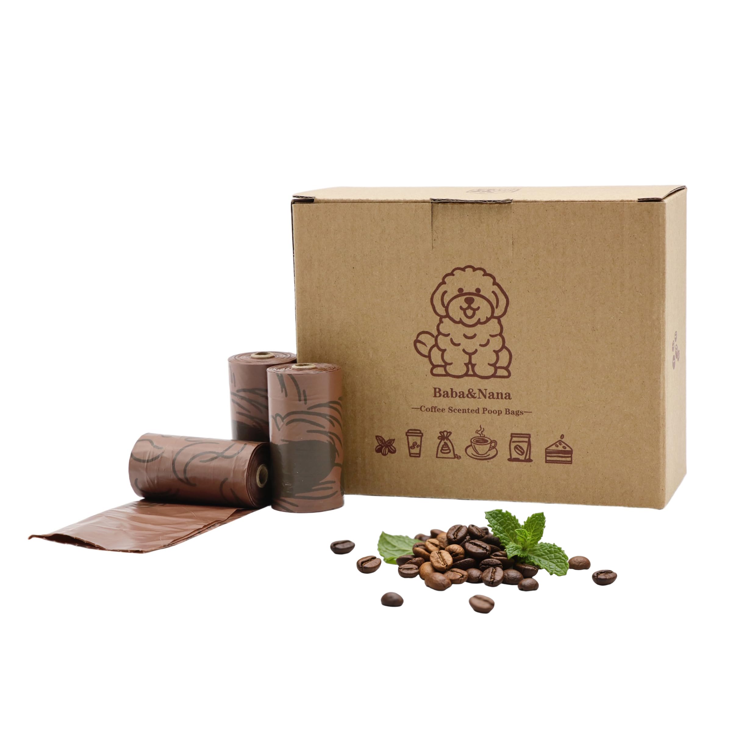 Baba&Nana Rollos de bolsas para excrementos de perro, bolsas de basura extra gruesas con aroma a café, 100% a prueba de fugas, bolsas para excrementos de perros – 90 bolsas