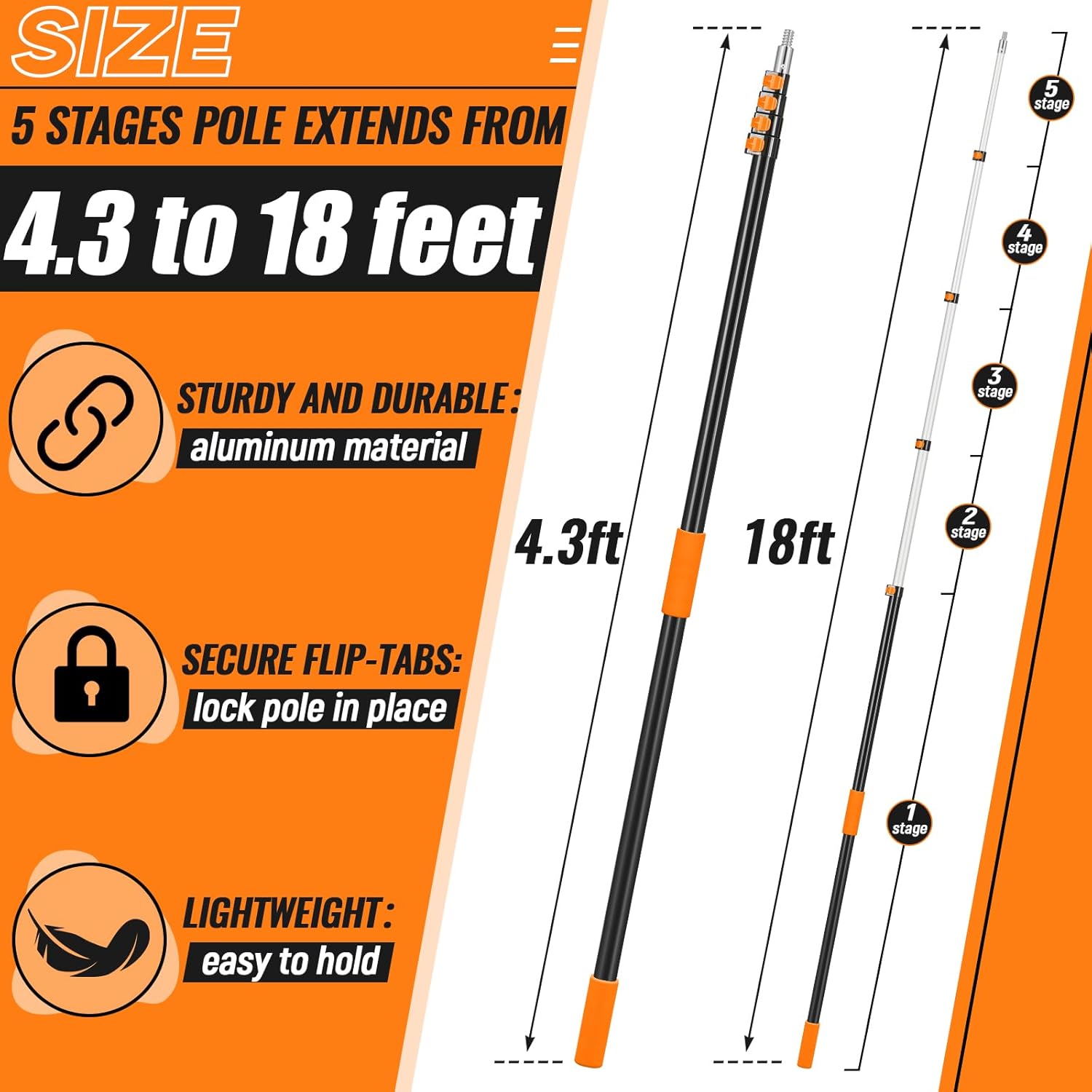 4.3-18 ft Telescopic Extension Pole with Utility Hook, Multi-Purpose Aluminum Pole for Painting, Dusting and New Year Window Cleaning Christmas Lights Installation Without a Ladder(Orange)