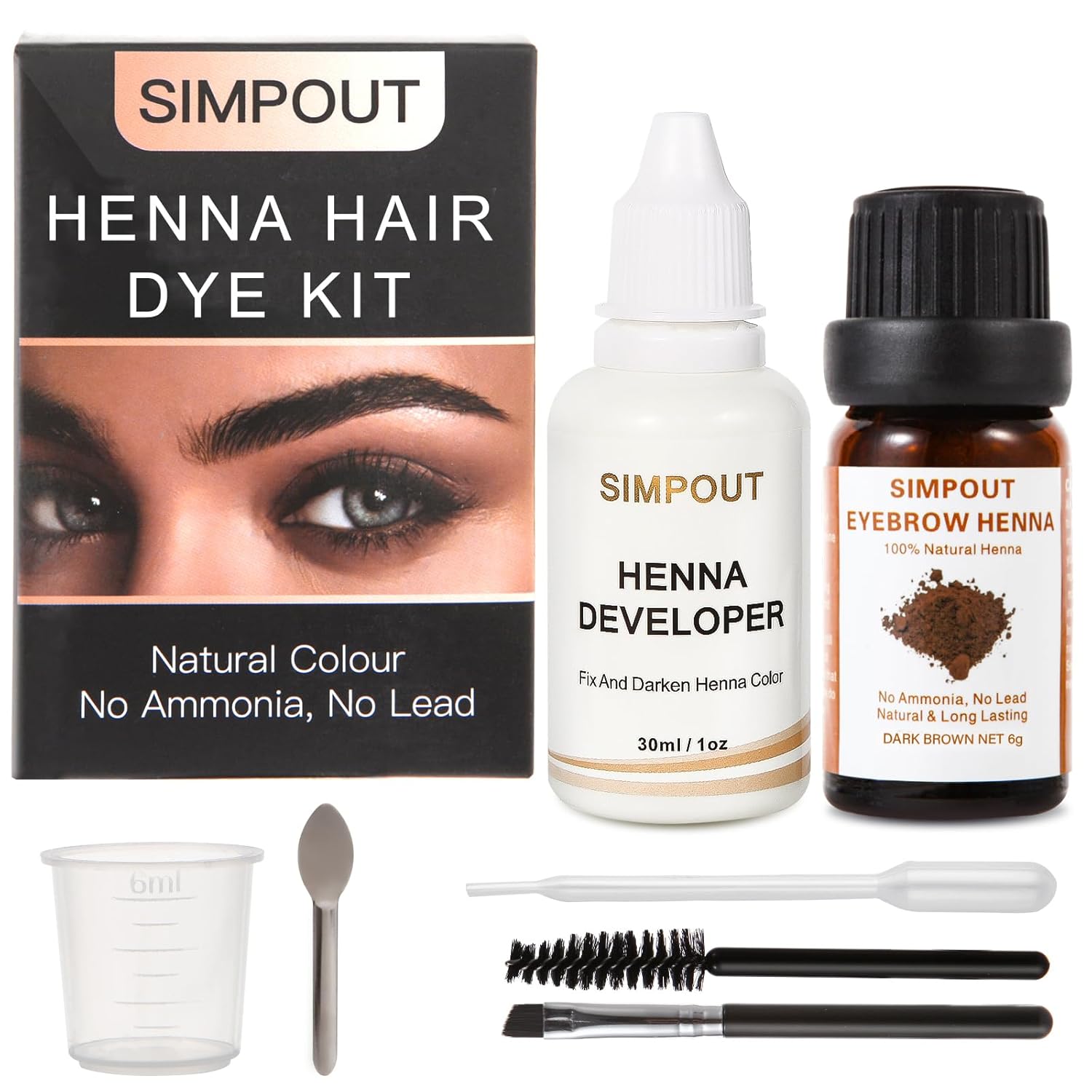 (Upgrade) Simpout Henna Hair Kit - 6 grams, Spot Color Henna Hair with Developer, 100% Natural Root Touch Up, Professional Salon & Home DIY it, Easy to Use (Dark Brown)