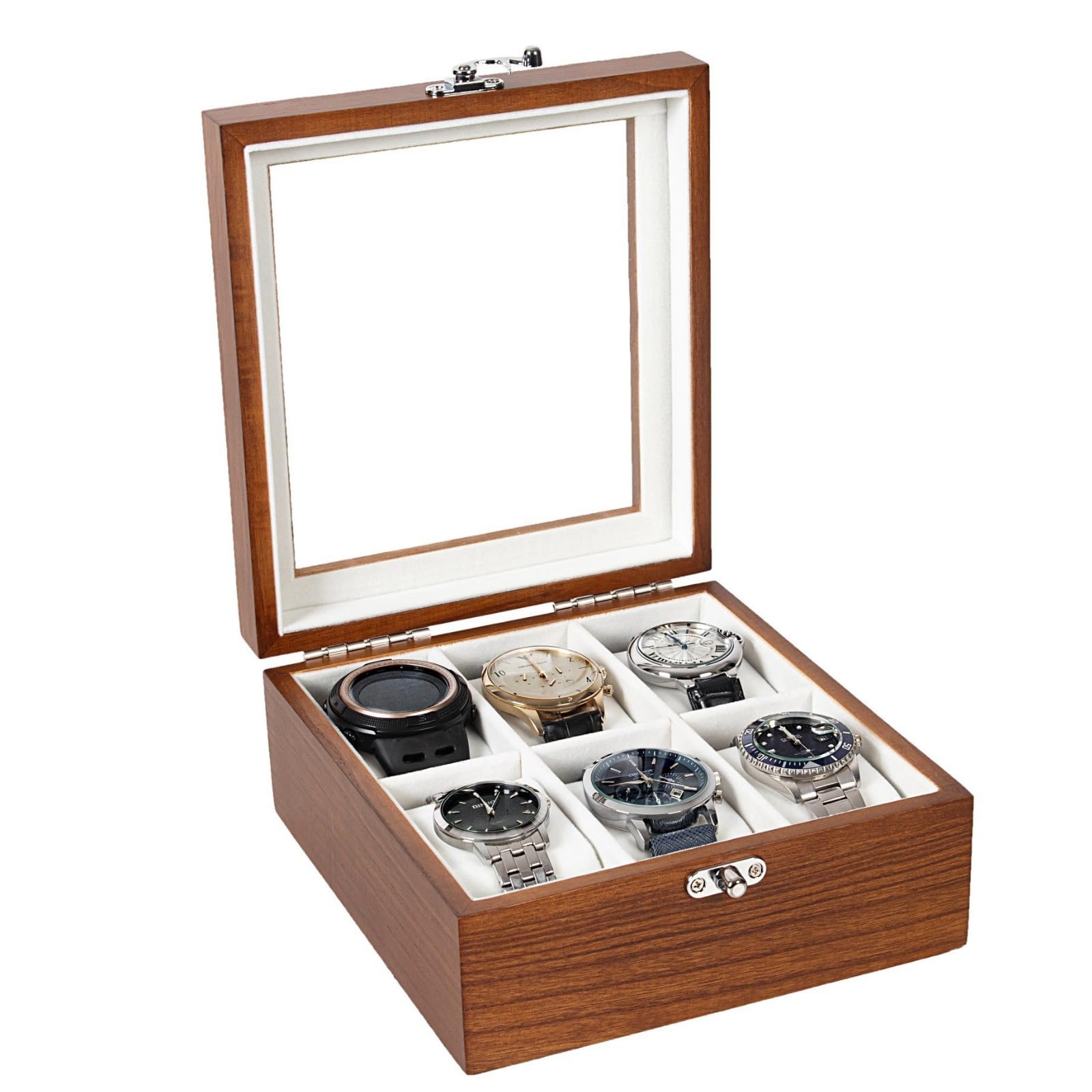 Watch Box, Watch Case for Men Women with Large Glass Lid, Wooden Watch Display Storage Box with 6 - Slots, Rustic Brown 6x2 Mens Watch Box Organizer