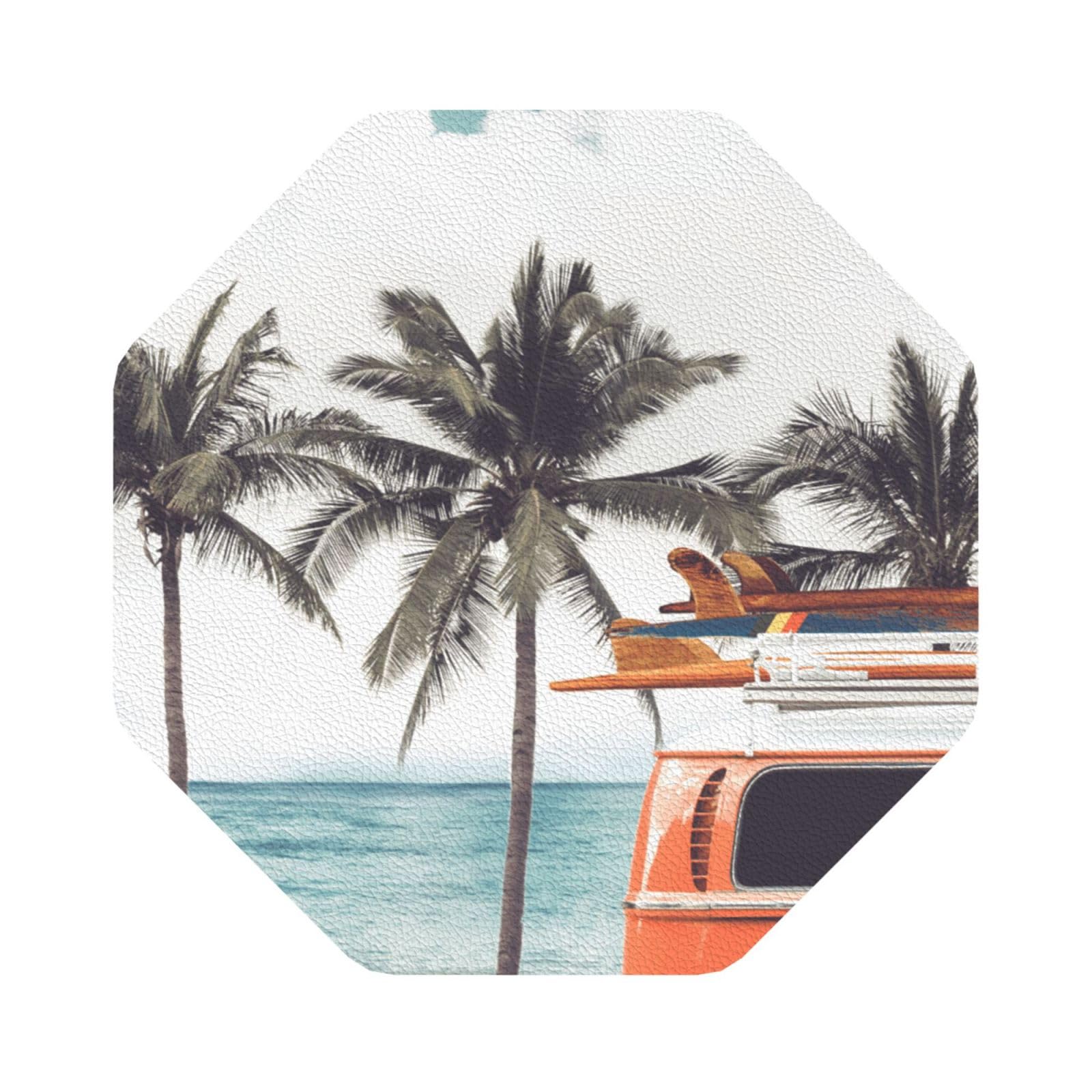Colorful Bus Palm Tree PU Leather Coasters Set of 6 Octagon Drink Coasters