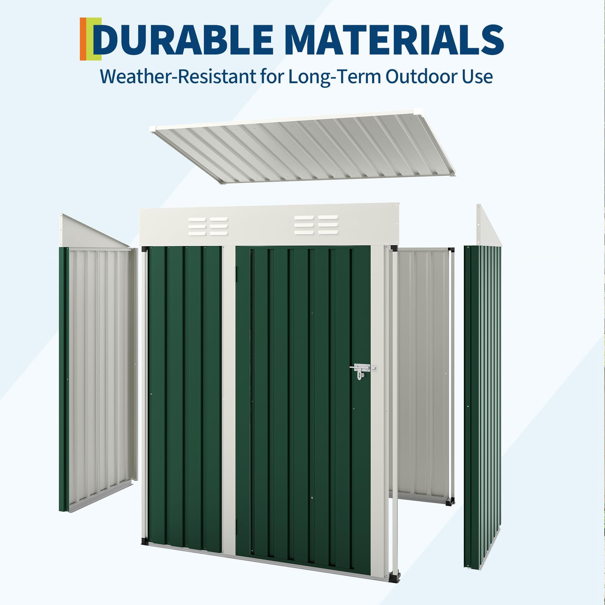 5×3 ft Outdoor Storage Shed, 67 CU.ft Metal Tool Shed with Sloping Roof and Lockable Door, Compact Garden Shed for Backyard, Patio and Lawn Organization, Green - 4