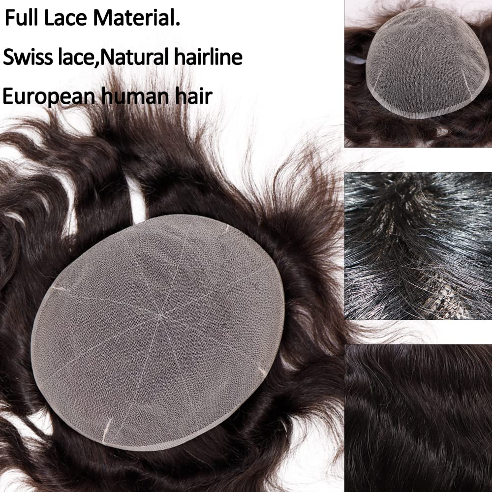 European Human Hair Toupee for Men Soft Full Swiss Lace Hair Replacement System Hairpieces 10"x8" Straight #3 Dark Brown Color Mixed 20% Grey Hair