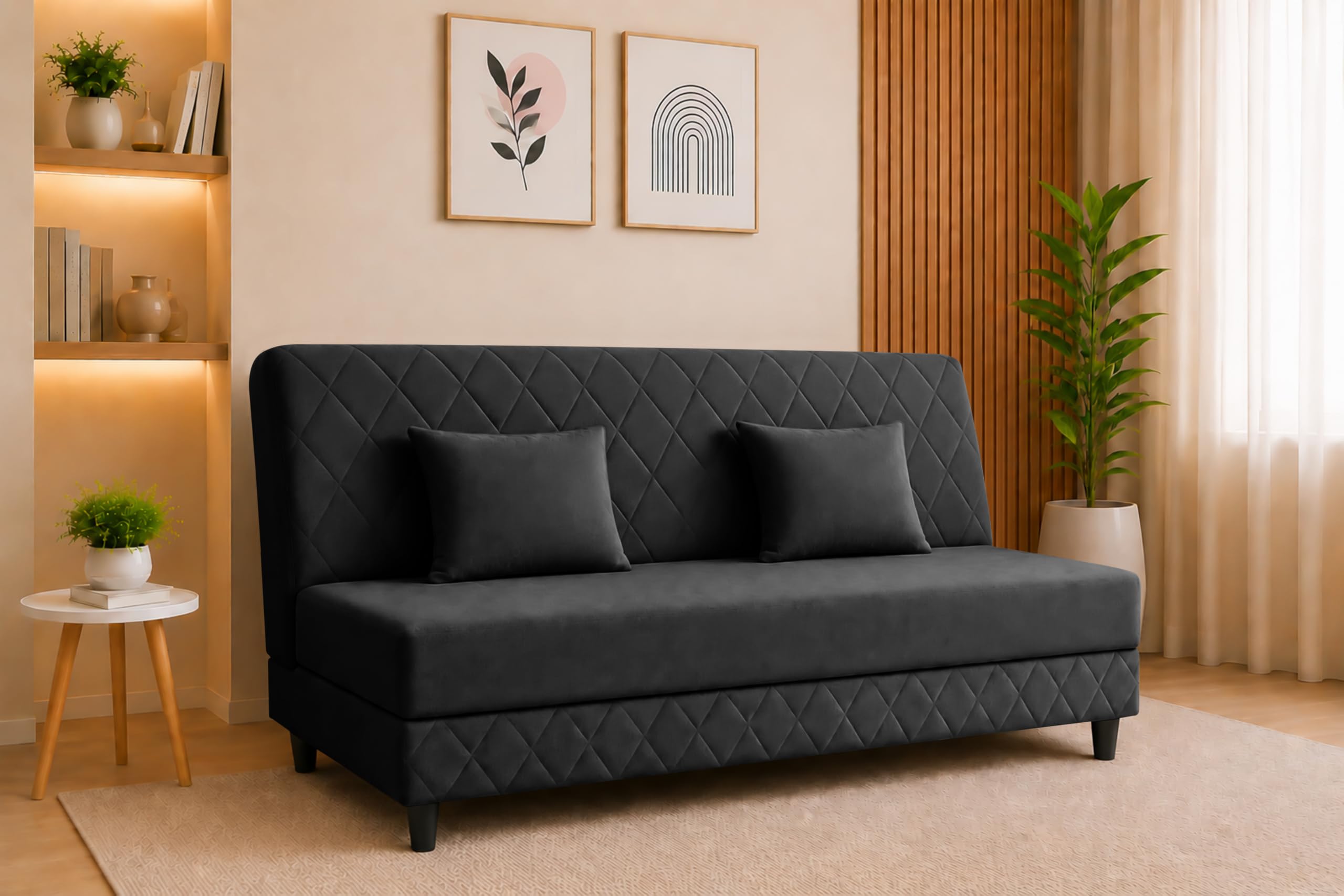 Deco Studio Velvet Fabric Sofa Cum Bed | 3 Seater Sofa Bed | Premium Upholstered Folding Couch for Living Room, Guest Room & Bedroom | Quilted Backrest with 2 Cushions (Black)