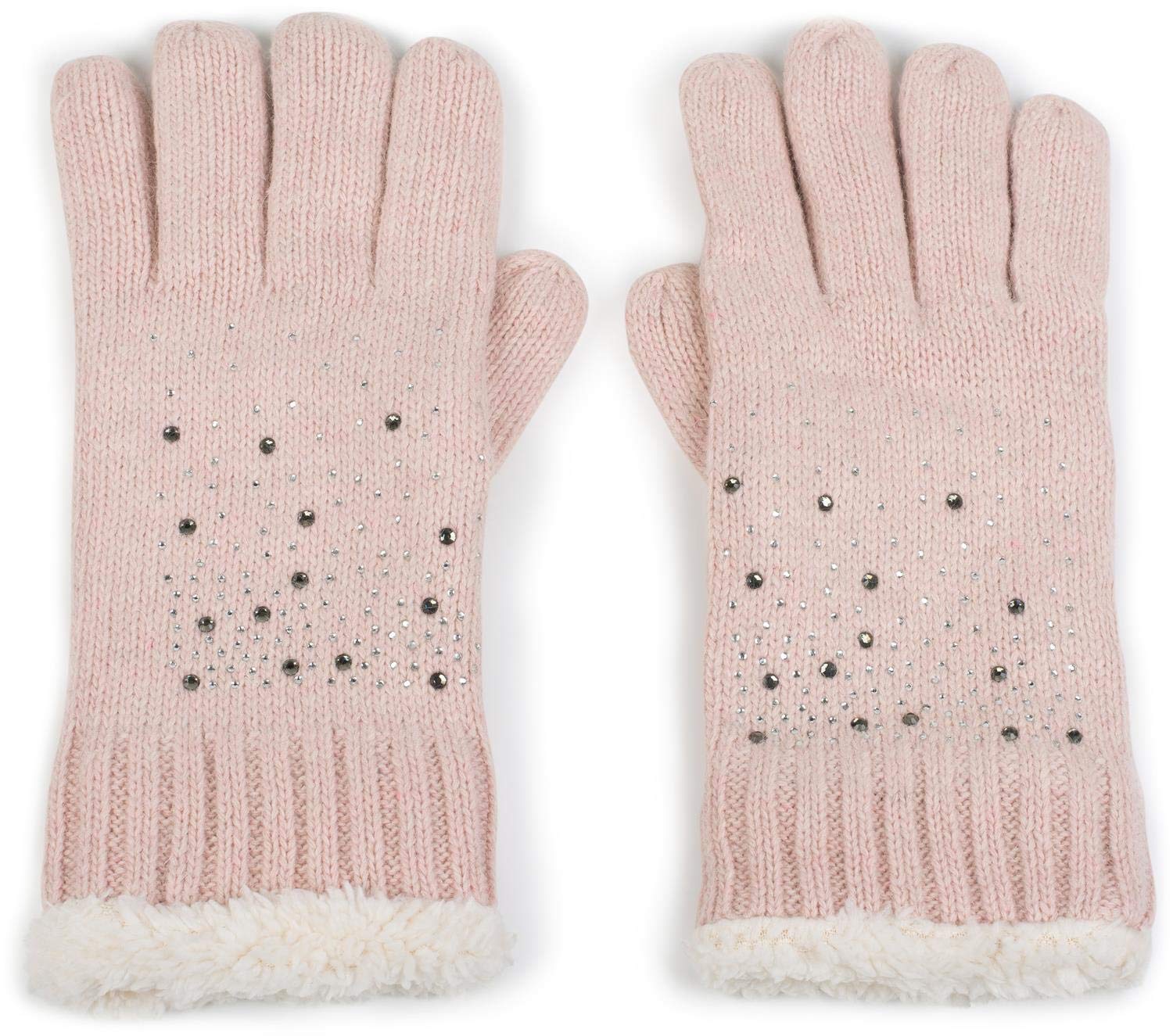 styleBREAKER warm gloves with rhinestone and fleece, winter knitted gloves, ladies 09010010, Colour:Rose