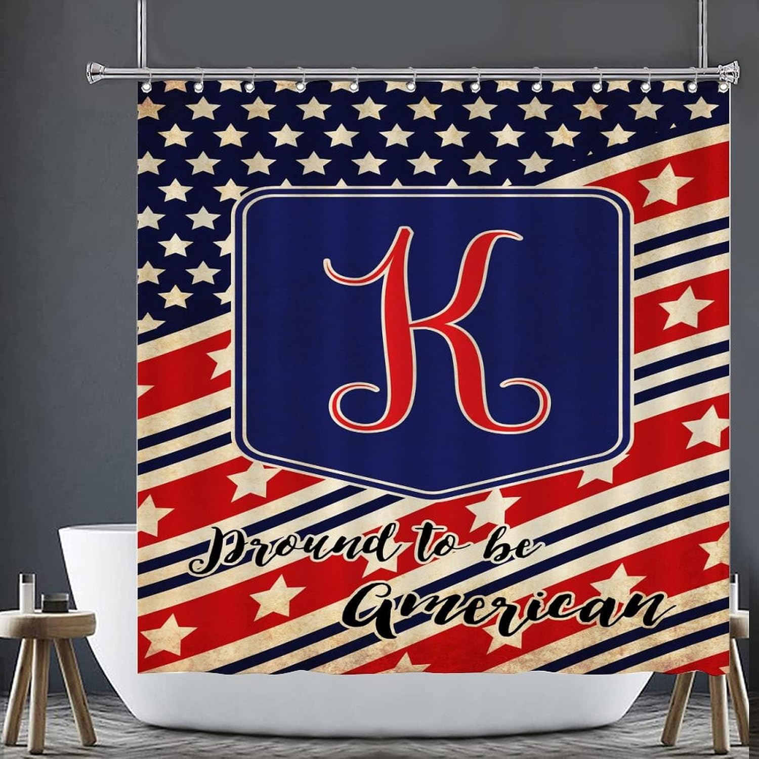 Patriotic Party Supplies Shower Curtain Colorful Pround to Be American Monogram Letter K Bathroom Shower Curtains with Hooks Waterproof Polyester Fabric Modern Home Bathroom Decorations 72x72 Inch