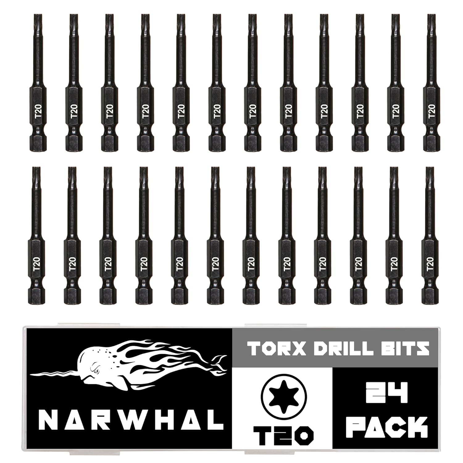 T20 Torx Bits (24 Pack - 2 Inch Impact Grade) 6 Point Torx Star Bit with Hex Shank - Hardened CRM Steel Alloy - Case Included