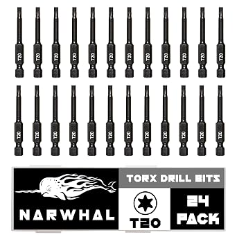 T20 Torx Bits 24 Pack - 2 Inch Impact Grade 6 Point Torx Star Bit with Hex Shank - Hardened CRM Steel Alloy - Case Included