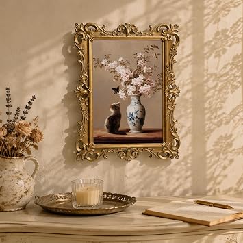 Vintage Wall Art with 3D Embossed Carved Gold Frame, Classical Floral Still Life with Cat and Butterfly Print, Distressed Antique Gold Decorative Framed Artwork for Living Room Bedroom, 10.6 x 13.8
