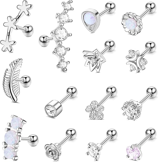 Milacolato 14PCS 16G Stainless Steel Barbell Helix Cartilage Stud Earrings for Women Men CZ Leaf Flower Teardrop Opal Forward Helix Tragus Daith Conch Piercing Jewelry