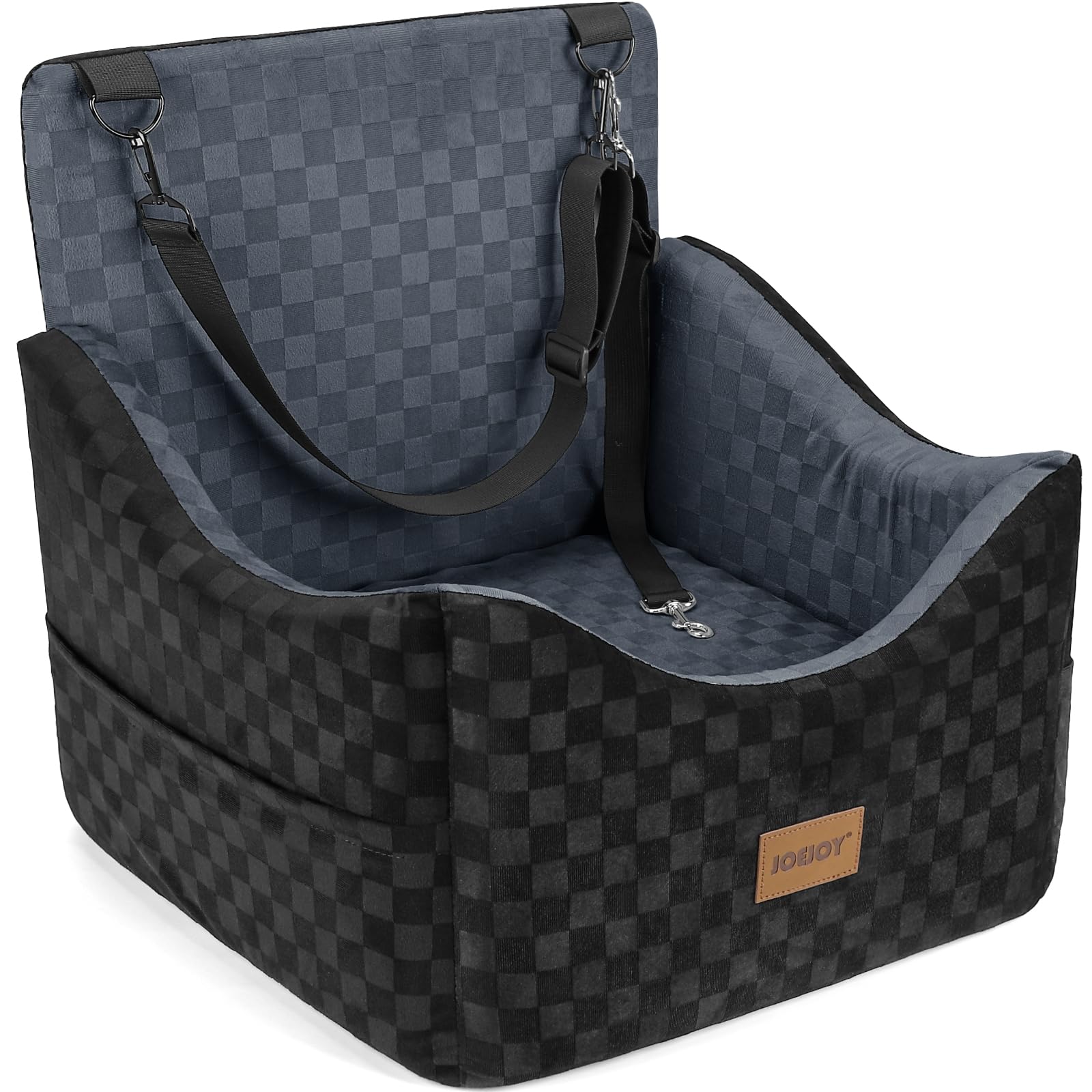JOEJOY Elevated Dog Car Seat for Small/Medium Dogs up to 35 lbs, Memory Foam Booster Seat with Detachable Washable Cover, Travel-Safe Car Bed with Safety Belts &amp; Storage Pockets, Dark Grey