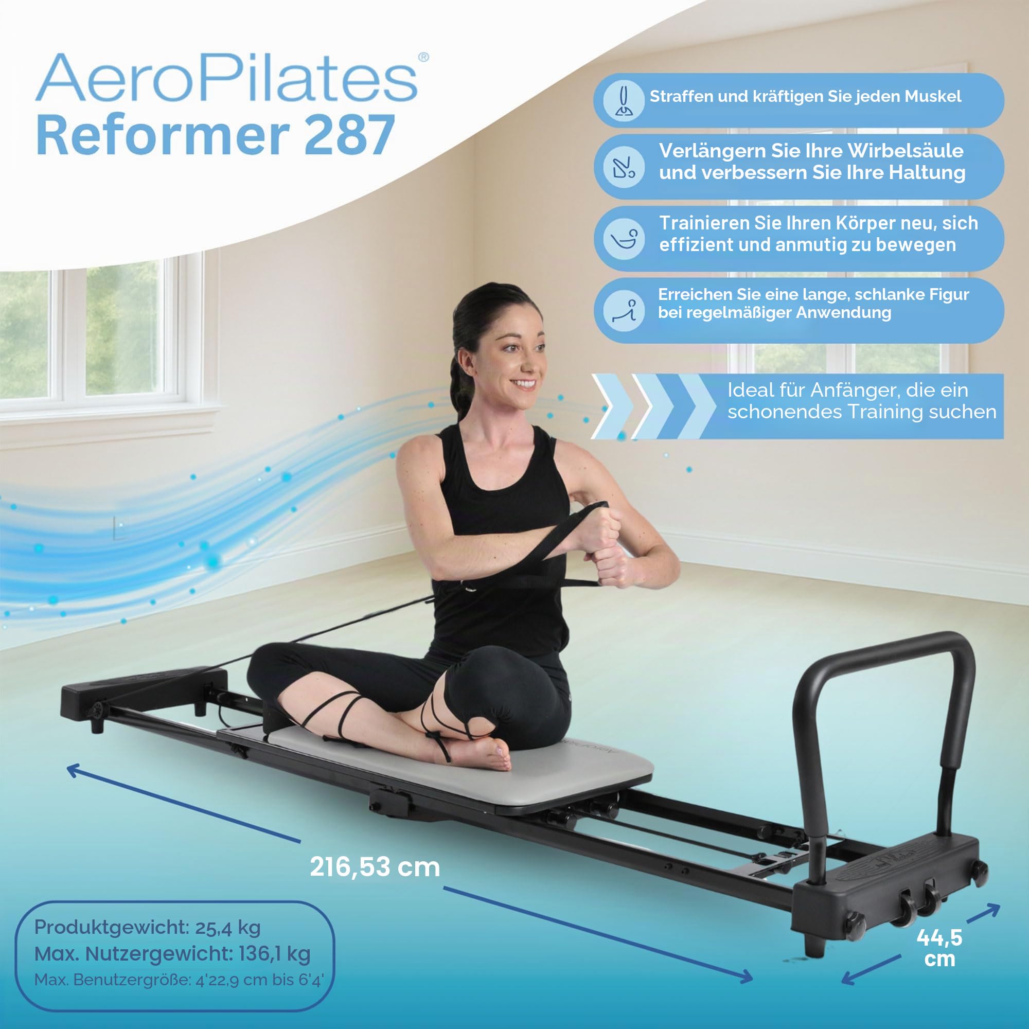 AeroPilates Reformer 287 - Pilates Reformer Workout-Maschine für Heim-Fitnessstudio - Pilates Reformer mit 3 Widerstandsschnüren - Bis zu 136 kg Gewichtskapazität