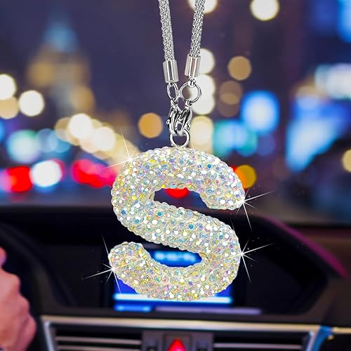 S Shape Bling Crystal Pendant Car Accessories for Women, Hanging Cute Rhinestone Rear View Mirror Accessories, Charm Interior Car Decorations for Girls, Wife, Valentine's Day, Christmas - Rainbow S