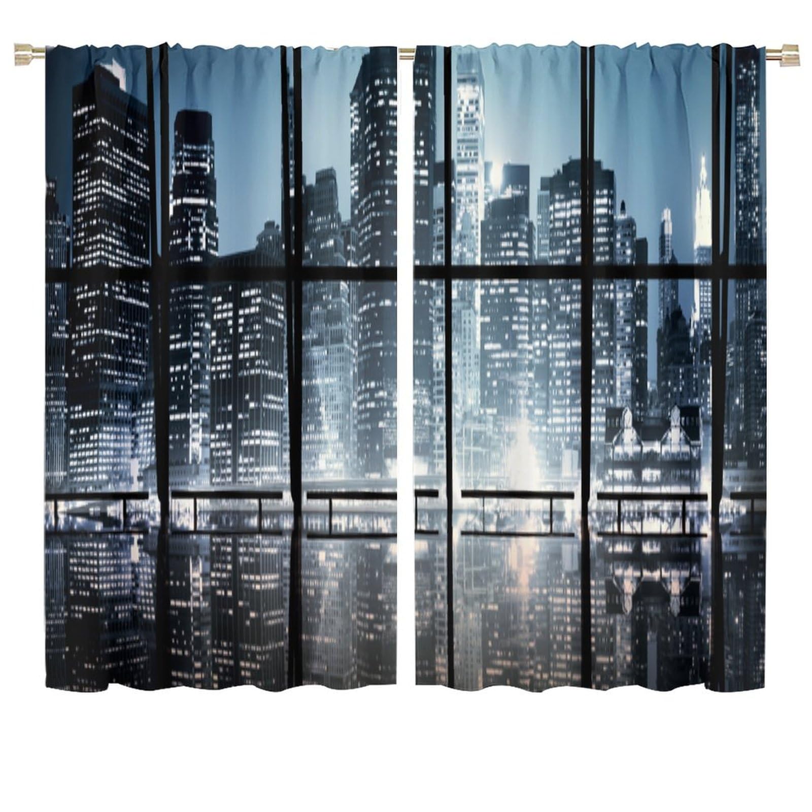 Modern Curtains, Modern New York City Scenery at Night with Skyscrapers Buildings Print for Living Rooms and Bedrooms Drapes 2 Panels 72x63in
