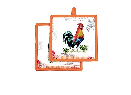 Amour Infini Pot Holders Unique Rooster Design | Set of 2|8 x 8 inches | 100% Natural Cotton | Perfect for Heat Resistant | Eco - Friendly Safe