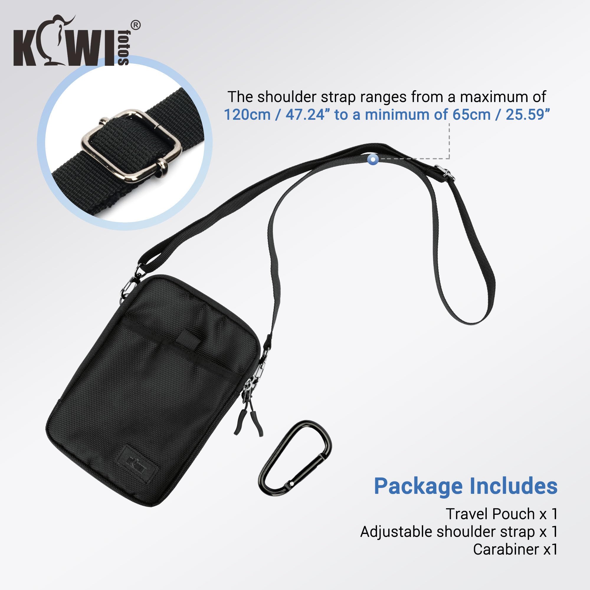 KIWIFOTOS Triple teléfono Pasaporte de Viaje Bolsa de Cuello con Correa de Hombro y mosquetón multifunción para Smartphone, Tarjeta, Gran Accesorio de Viaje (Negro)