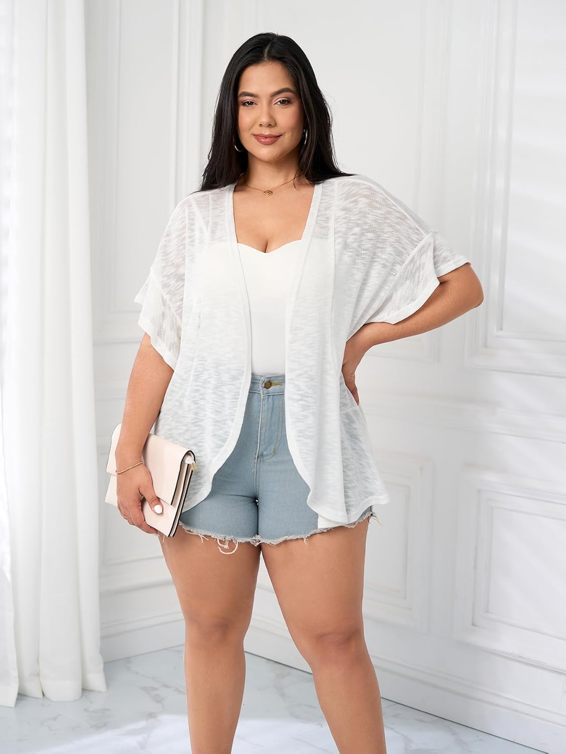 SCOMCHIC Women Plus Size Lightweight Cardigan Summer Kimono Ruffle Short Sleeve Open Front Casual Tops Beach Cover Up - Image 4