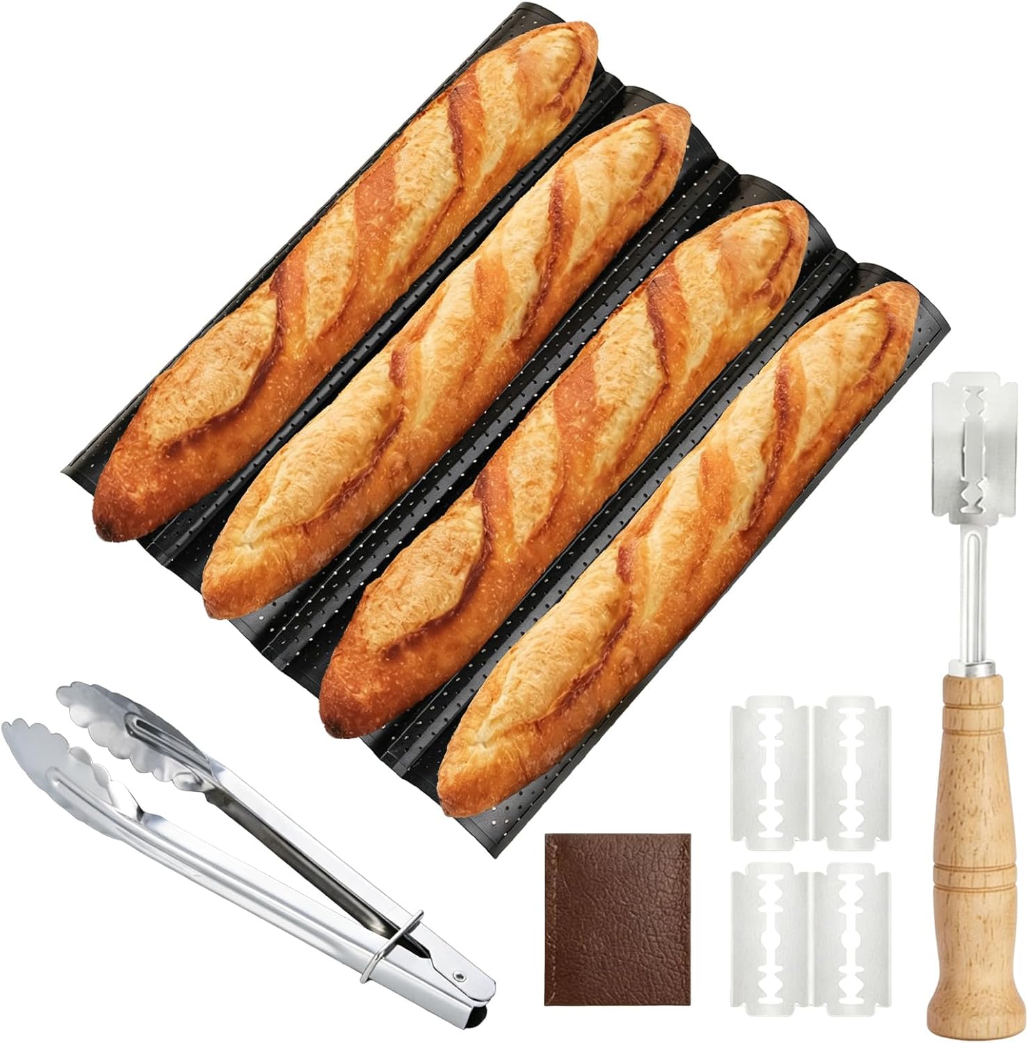 DKE&YMQ Baguette Bread Pan Set, 4-Loaf Perforated Tray with Dough Cutter & Tongs, Nonstick Baguette Pan for Homemade Baguettes