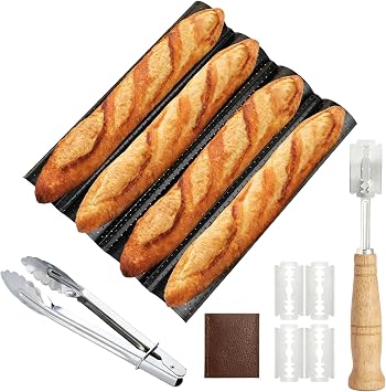 DKE&YMQ Baguette Bread Pan Set, 4-Loaf Perforated Tray with Dough Cutter & Tongs, Nonstick Baguette Pan for Homemade Baguettes