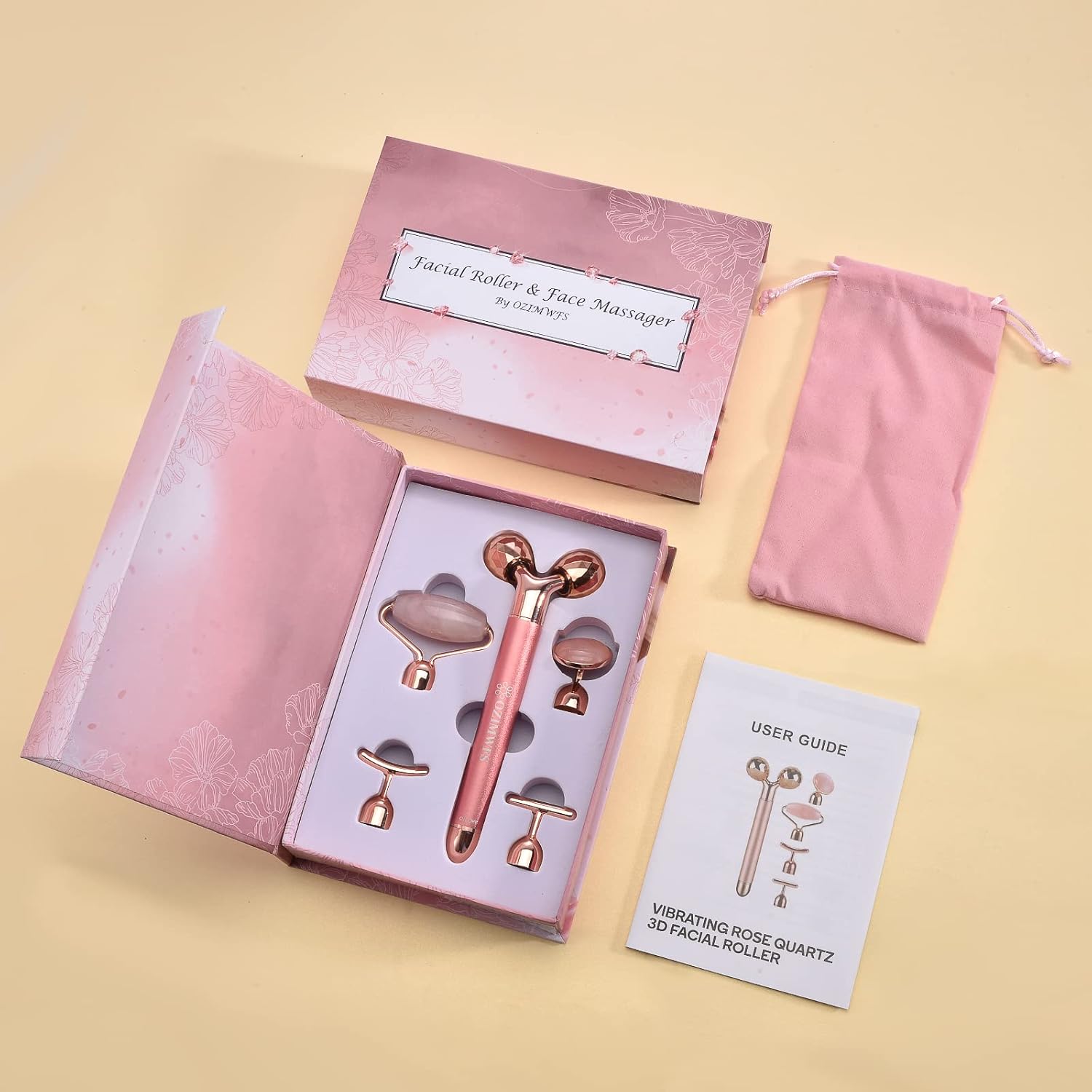 5 in 1 Vibrating Beauty Bar Facial Skin Wrinkle Remove Rose Quartz Electric Face Roller