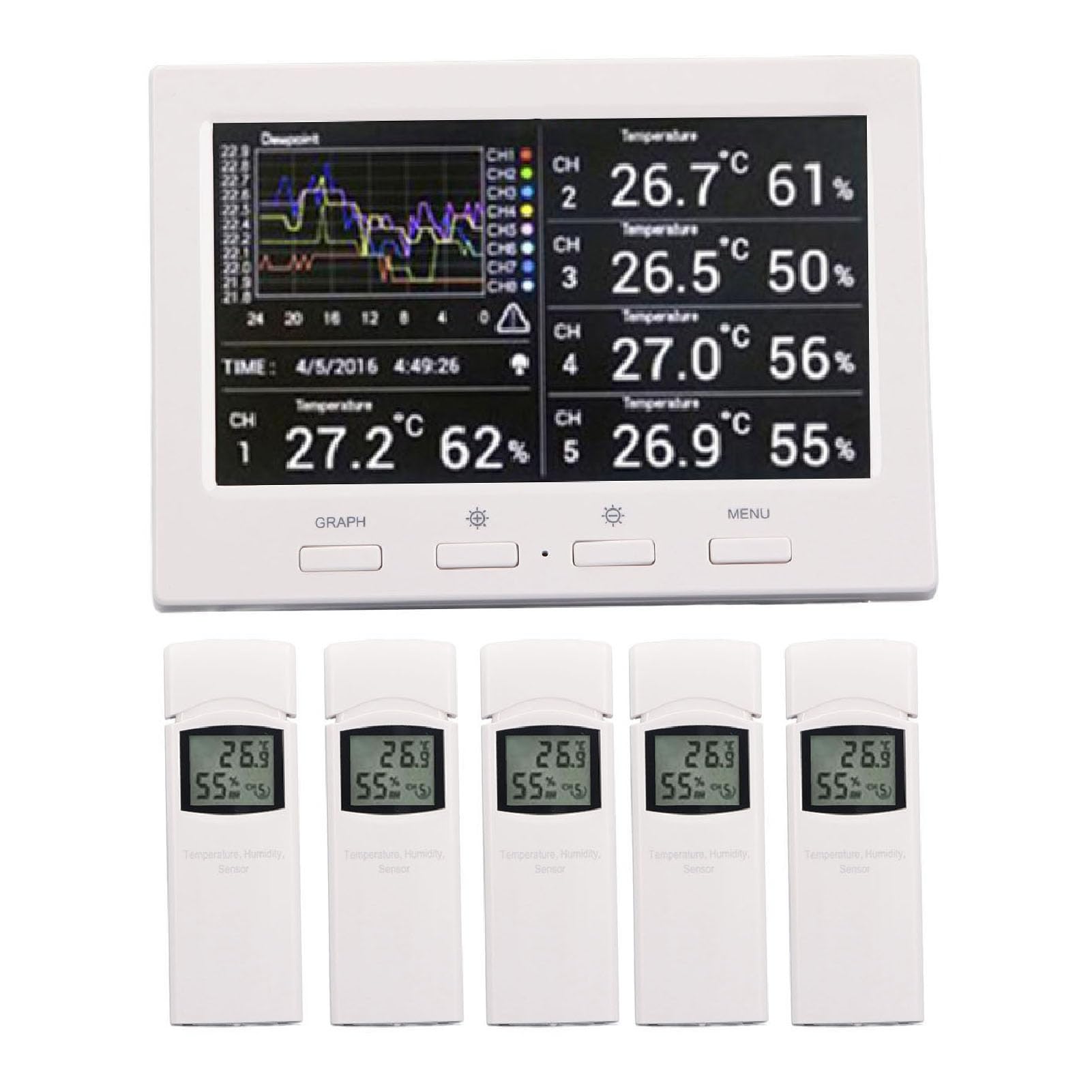 EMUKOEP Estación de Pronóstico del Tiempo Termómetro Inalámbrico Higrómetro Monitor de Clima Interior 5 Sensores Pantalla a Color TFT Software para PC Almacenamiento de Datos para