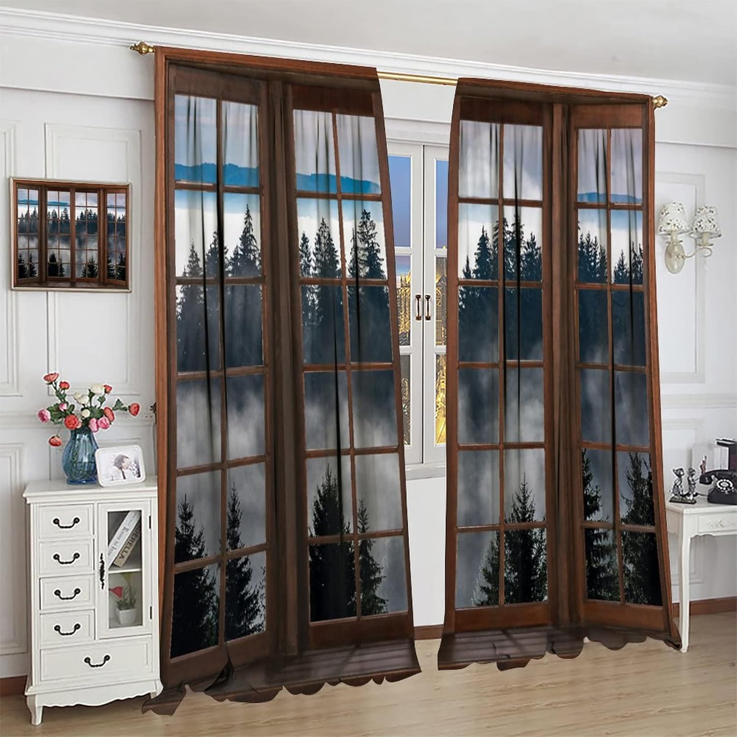 Misty Forest Landscape Curtains, Wooden Window Forest Mountain Rustic Bedroom Living Room Kitchen Blackout Curtains 55x63in