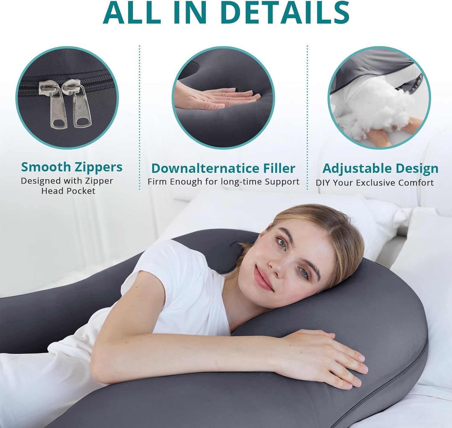 Sasttie Pregnancy Pillow Cooling Dark Grey, Cooling Maternity Pillow Cover Fits 55/57 Inch Pregnant Pillow, Grey