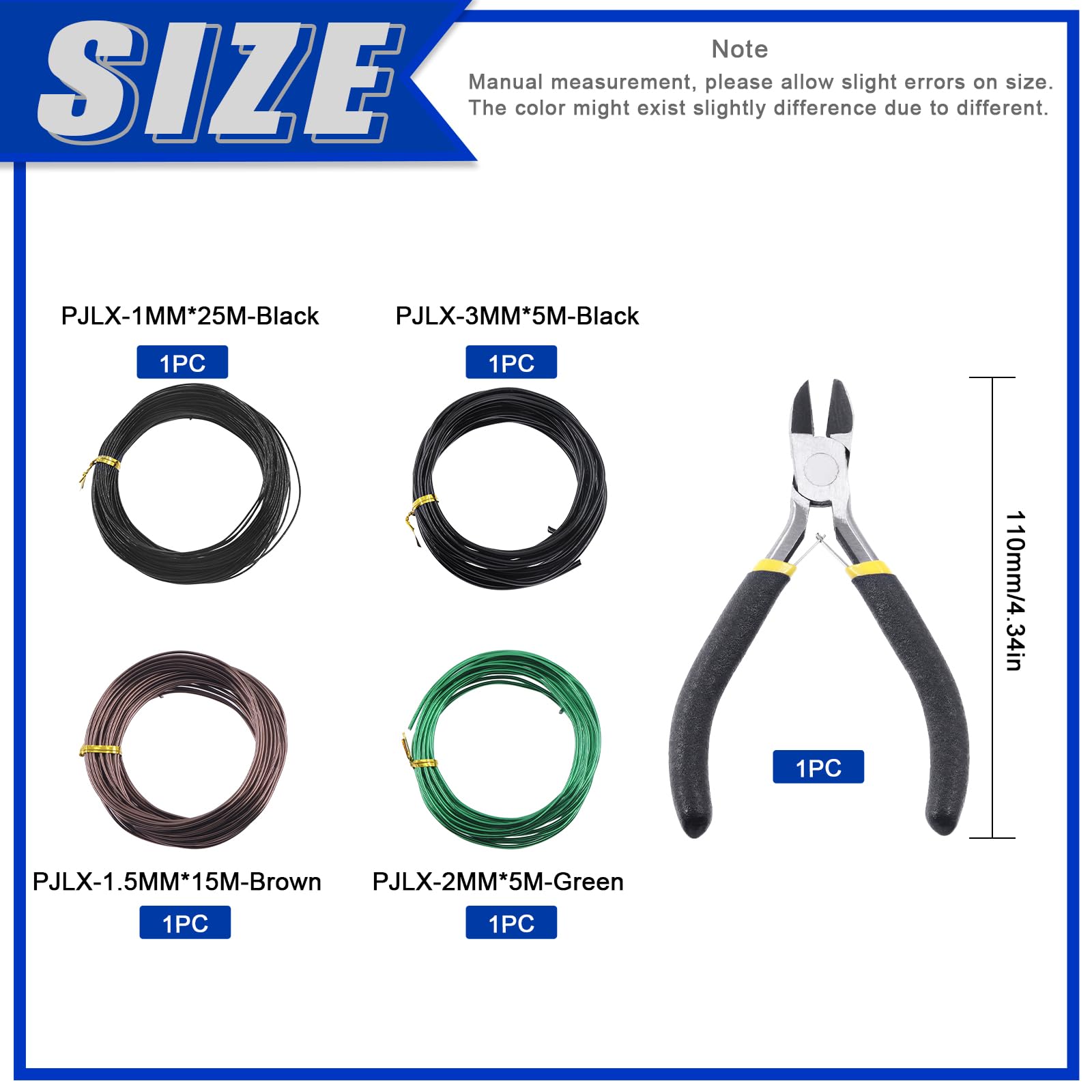 Glarks Kit de 4 rollos de cables para bonsái, 2 mm, 3 mm, 1 mm, 1,5 mm, alambre de aluminio para entrenamiento de bonsái, ramas de árbol con cortador de alambre, juego de aluminio anodizado de 164