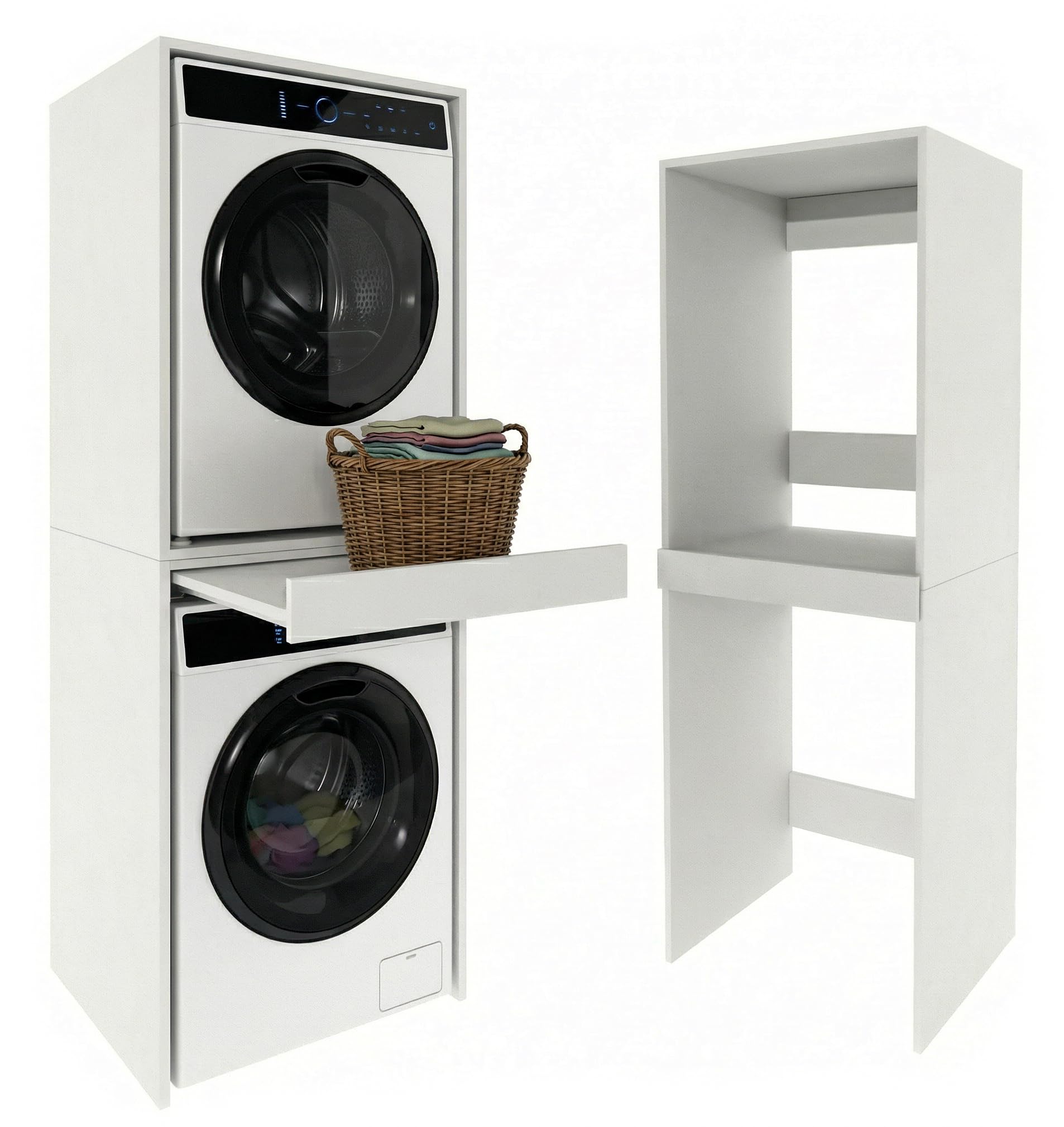 CraftPAK Waschmaschinenschrank für Waschmaschine & Trockner | Platzsparender Waschturm mit ausziehbarer Arbeitsfläche | Schrank für Badezimmer und Hauswirtschaftsraum mit Stauraum