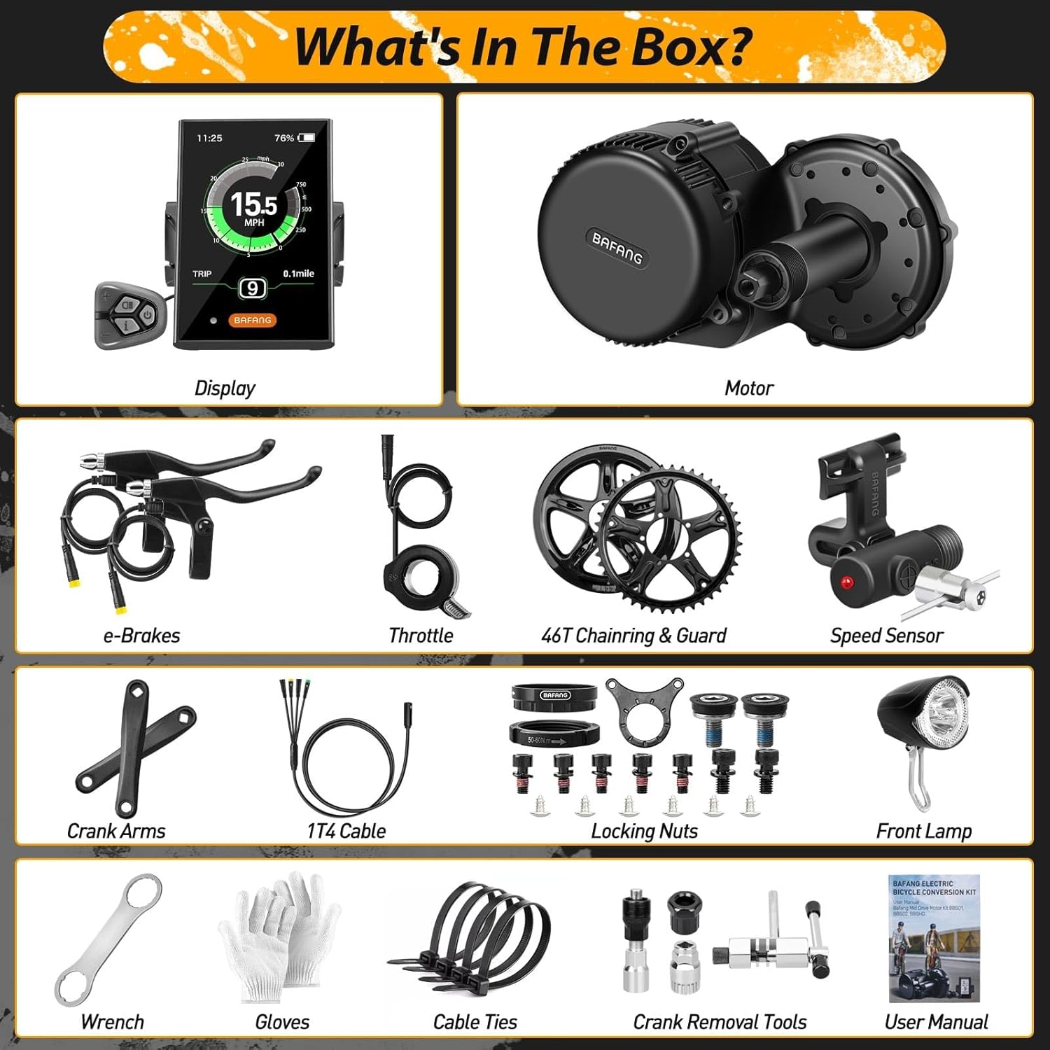 Bafang BBS01B Central Motor with Battery 500W 36V Conversion Kit ebike G340 Motor C18 3.5 Inch Display, 36V 13AH Battery and Charger