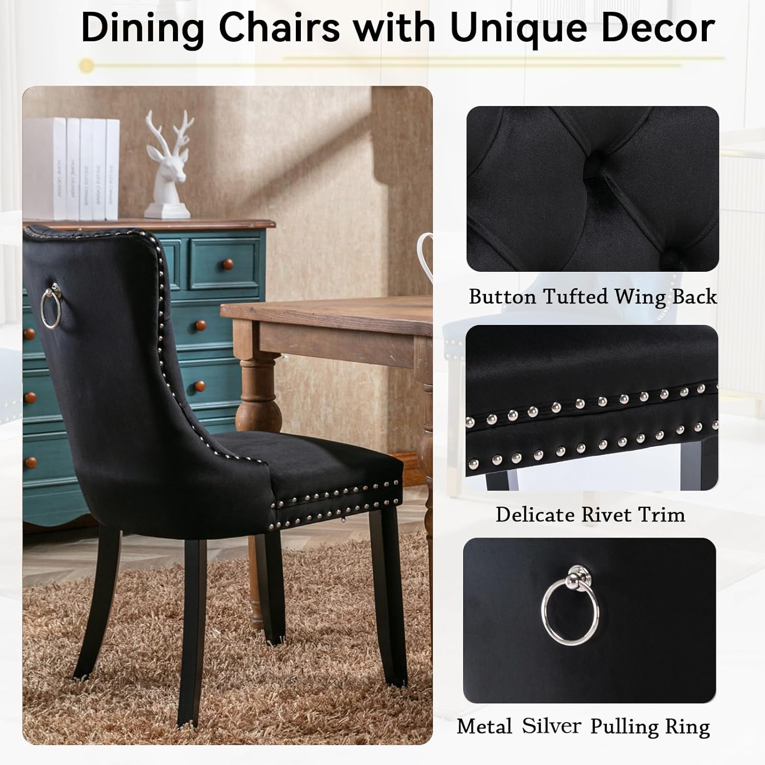 Close-up of the dining chair features including high-elastic foam filling, skin-friendly velvet fabric, and sturdy wooden legs