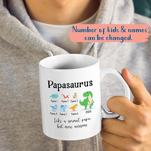 Miniatura 2 de Papasaurus - Taza de café blanca personalizada con texto en inglés "Papasaurus Like A Normal Papa But More Awesome de 11 oz, 15 oz, taza para el