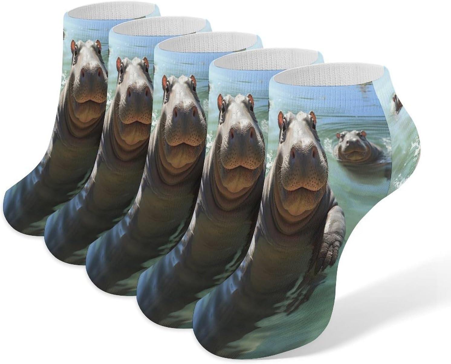 Women's Thin Elastic Socks Low-top Sports Invisible Cute Hippos Printed Ankle Socks 5 Pairs Suitable for Travel Commuting Outdoor