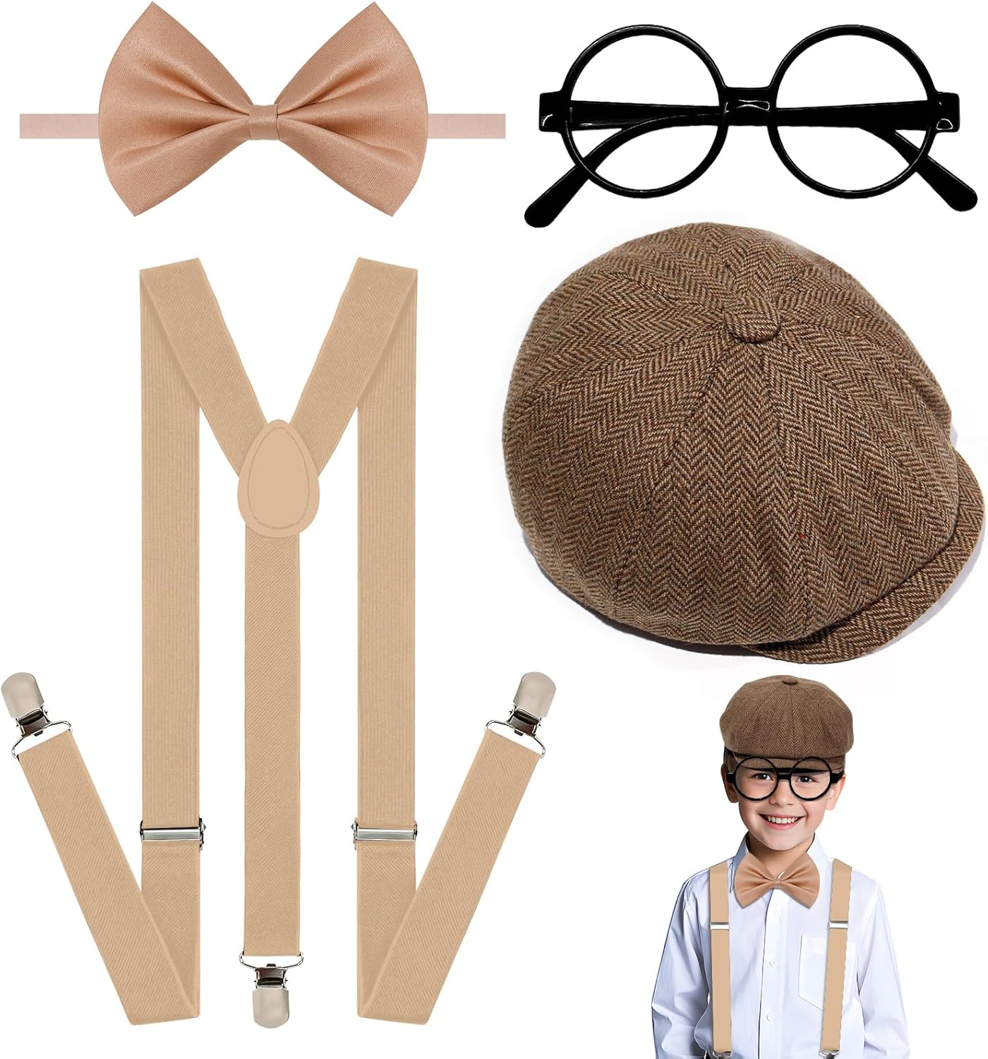 4Pcs Kids Boys Suspenders Bowtie Set with Black Glasses Newsboy Cap for Boy Girl Wedding 100 Days of School Costume
