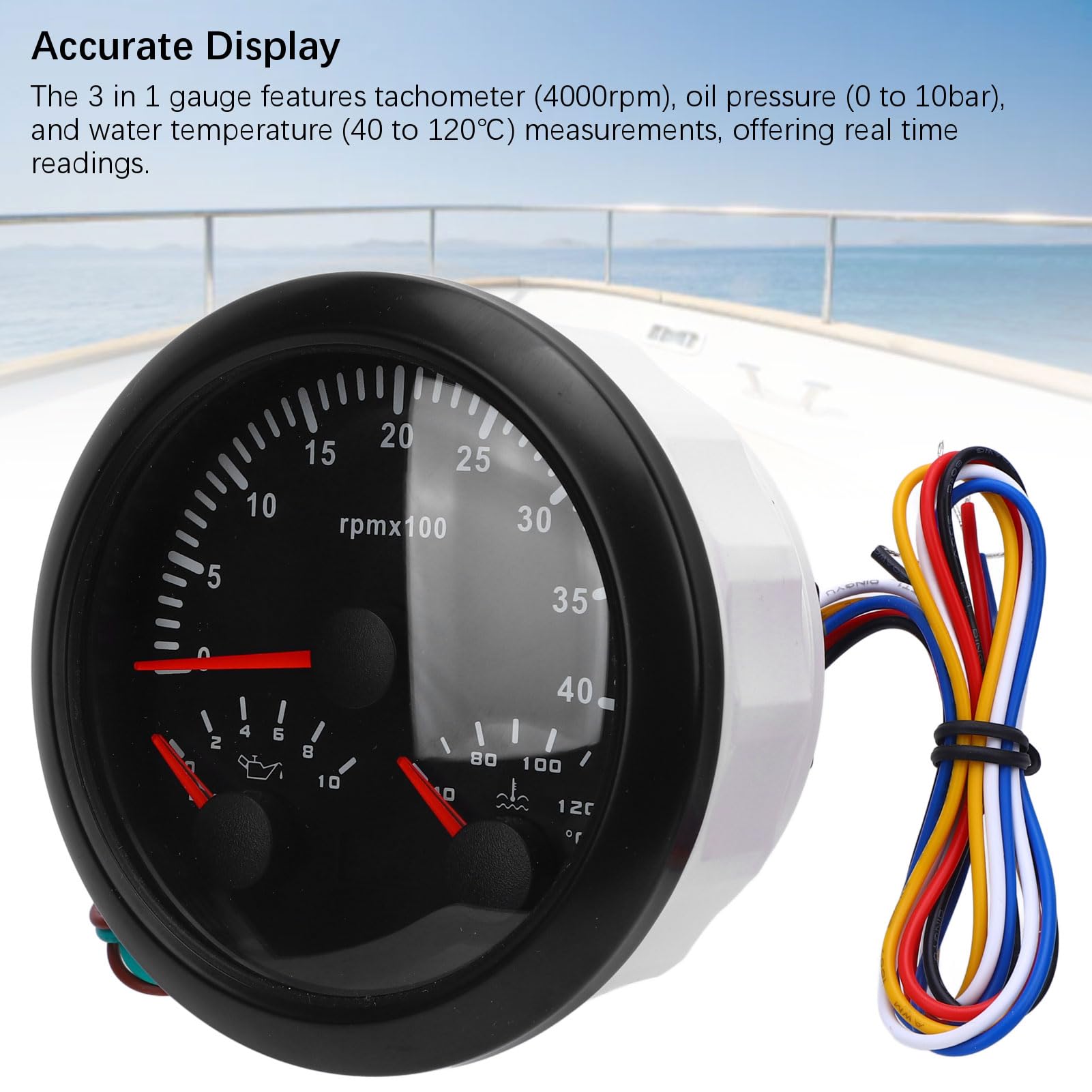 Tacómetro Eléctrico 3 en 1, Medidor de Temperatura del Agua y Presión de Aceite para Automóviles, Camiones, Barcos, 4000 Rpm, 0-10 Bar, 40-120 ℃, Pantalla Precisa, Uso Versátil (Esfera