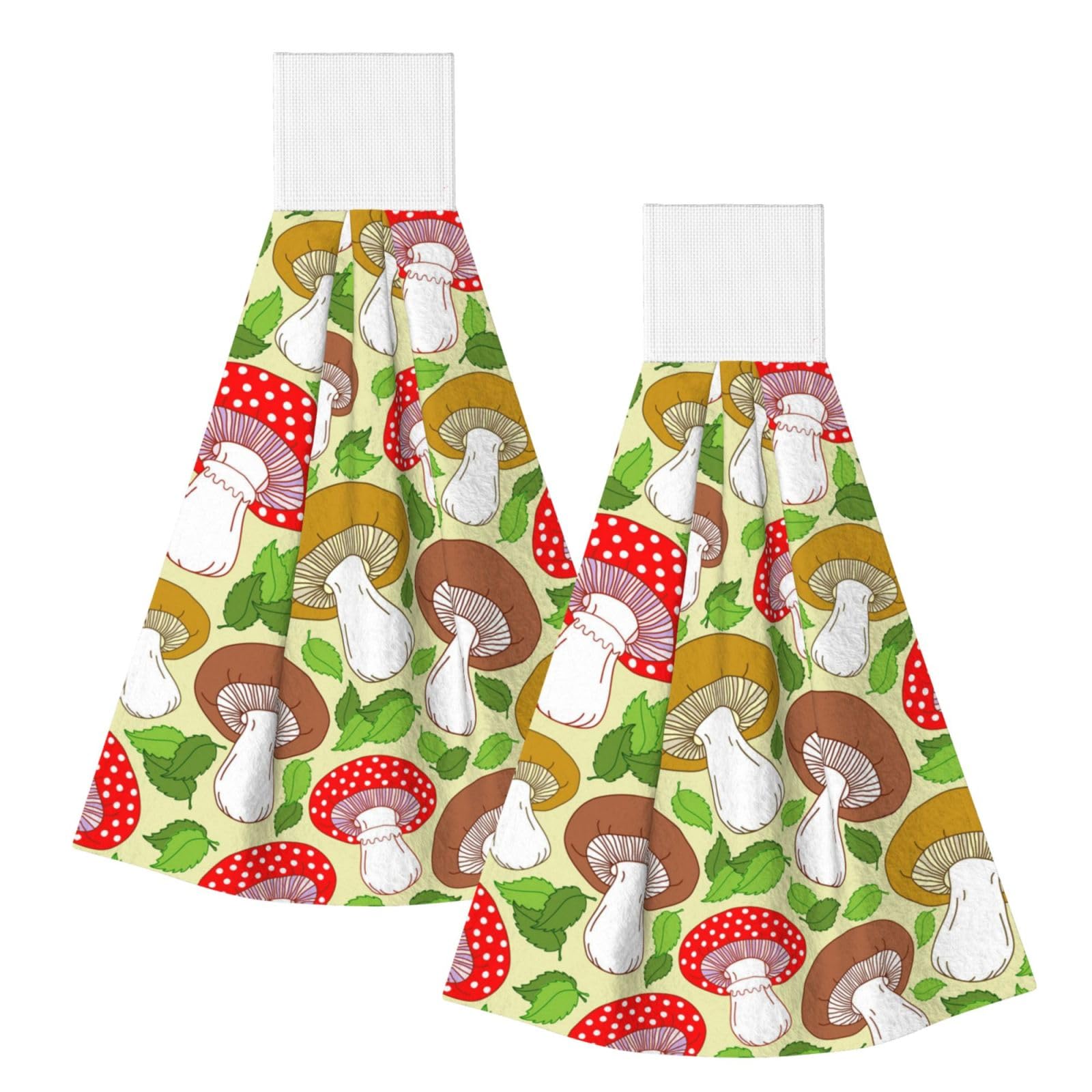 DOPKLNA Cute Mushrooms And Leaves Pattern, 2 Pcs Hanging Coral Fiber Hand Towels for Bathroom, Absorbent Kitchen Towels