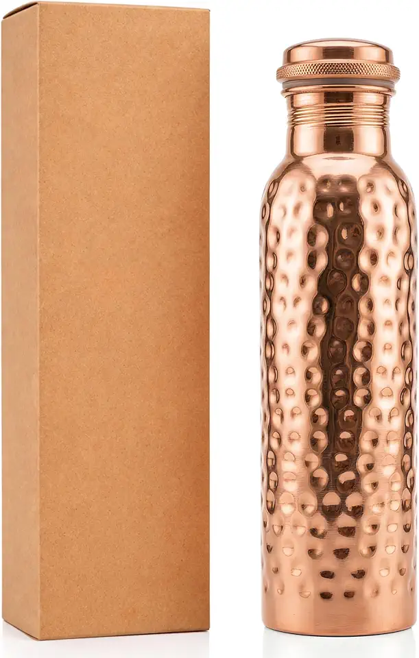 Garrafa de água de cobre puro 1000 ml – Garrafa de cobre ayurvédico martelado feita à mão, à prova de vazamento e design resistente
