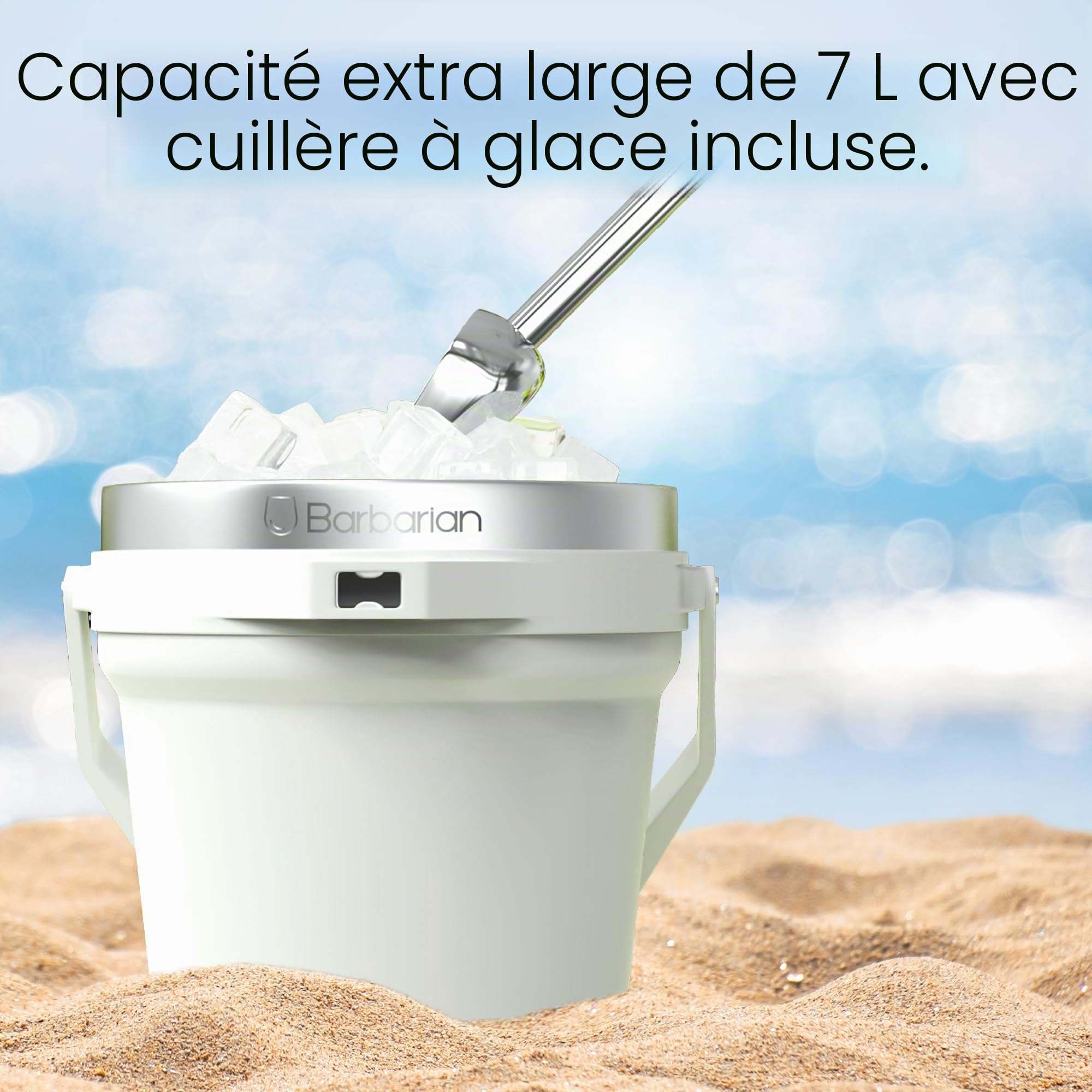 Barbarian Seau à glace isotherme à double paroi avec couvercle, capacité de 7 litres, pelle à glace et décapsuleur intégré, blanc
