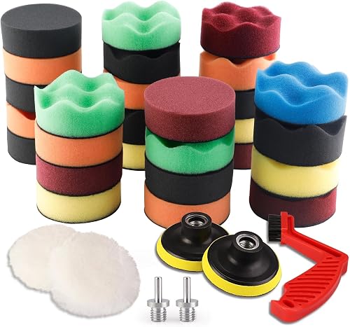 SPTA 34Pcs 80mm Esponja pulidora Lana Buffing Buffer Compuesto Kit Auto Pulidora para automóvil con M14 Kit de Adaptador de Taladro + Disco de Pulido + Cepillo de Limpieza