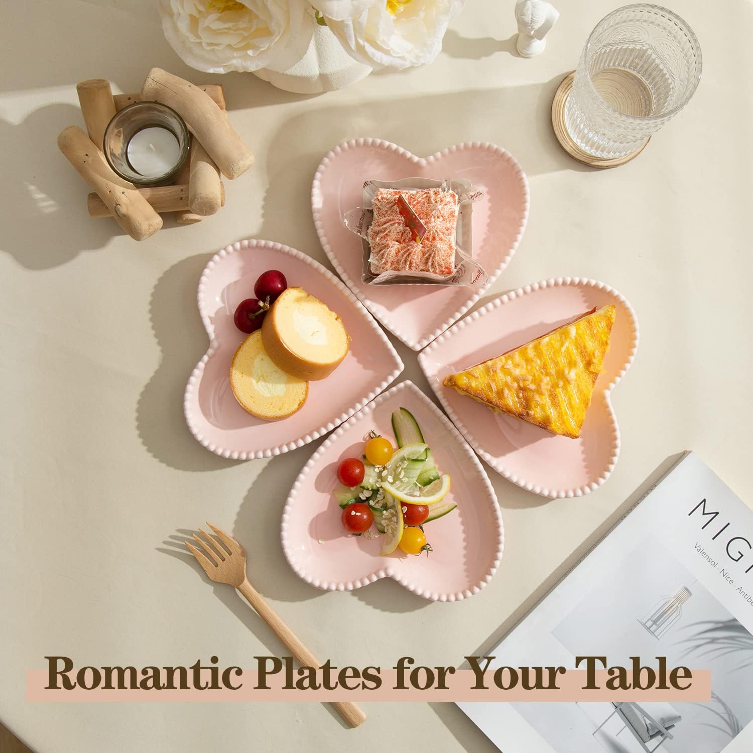 6.3 Inch Porcelain Appetizer Plates Set of 10, Heart Shape Small Dinner Plates, Dessert Salad Plates Serving Dishes for Cake, Snack, Ice Cream, Waffles, Microwave, Oven, Dishwasher Safe, Pink